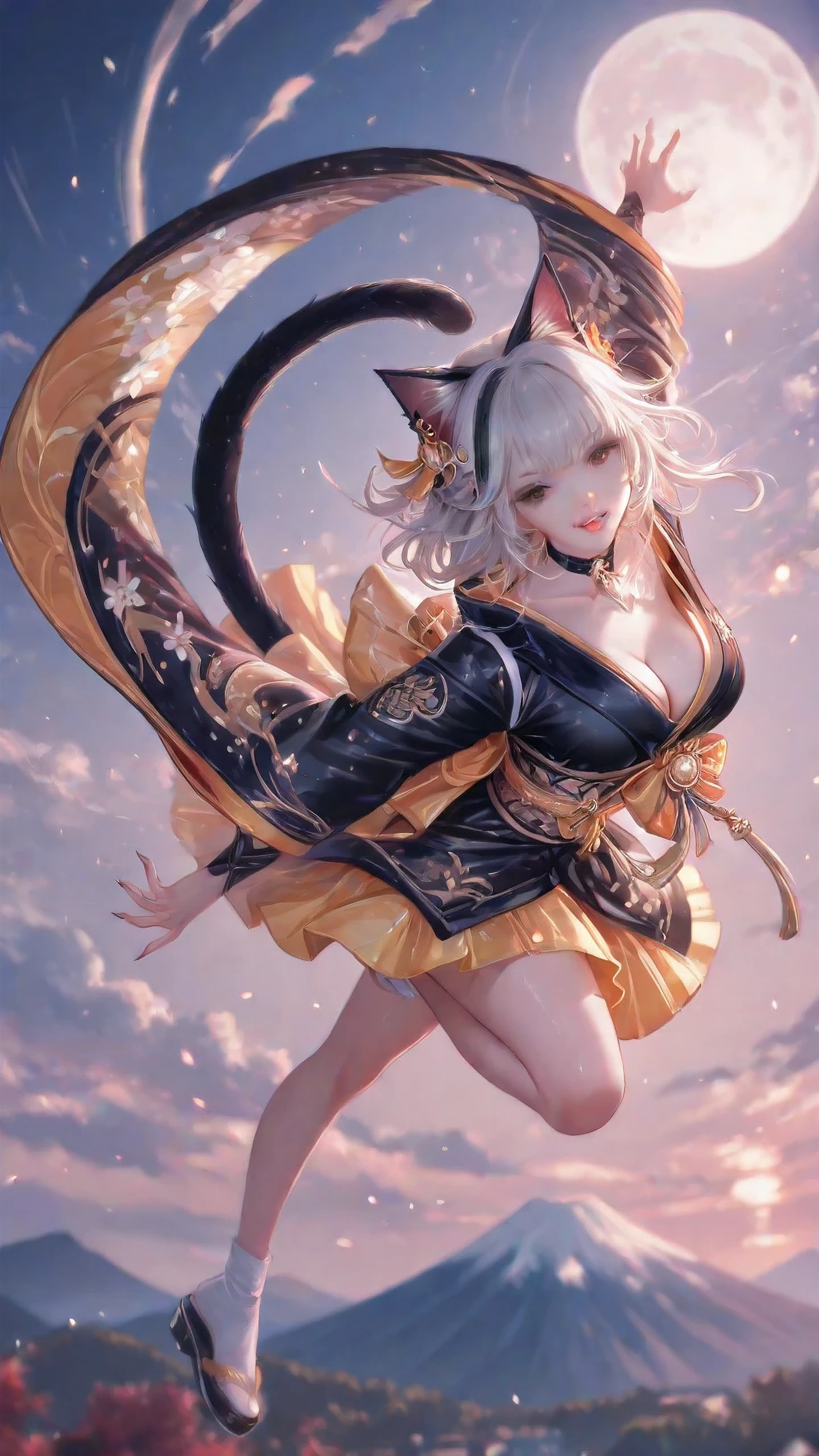 fine trait, fine traits, masterpiece,detailed_eyes,high_quality,best_quality,highres,subject_focus,depth_of_field,dynamic lighting,dynamic angle,detailed_eyes,seethrough clothes,realistic,breasts,clear skin,natural skin,Charming and delicate big anime eyes,brown eyes,Charming cleavage,atmospheric perspective,perfect anatomy, fine trait, best quality, ultra detailed, 1girl (kimono neko girl), cat tail, smile with fangs, claws, dynamic pose, in night japan village in background, mount Fuji, moon and clouds, very detailed.