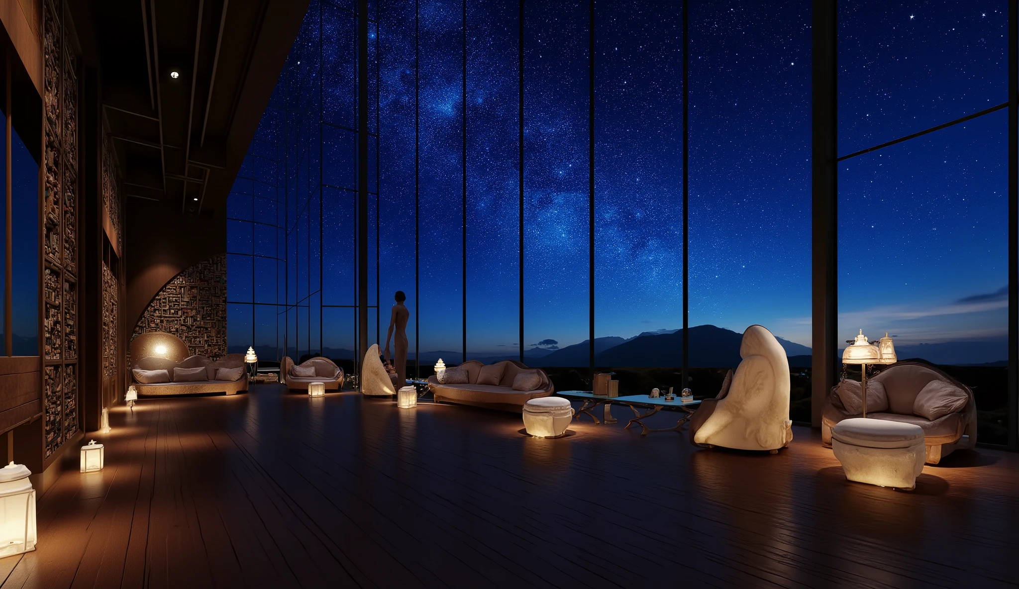 Wide々andした空間に魅惑的なシーンがWideがります, A modern room with a huge, tall glass wall that invites the outside world. At night, envelops the surroundings in deep blue. It's a place where you can soak in both literature and the beauty of an enchanting night, 星空andandもに魔法のようなシュールな背景を作り出しています. This scene evokes peaceful solitude and wonder, creates a gentle winter atmosphere. internal, The warm light of many lantern-style lamps reflects puddles of water The golden light is reflected on the wooden floor, and、express. A modern room with books lined up on the left wall, Multiple cozy luxury sofas are arranged、suggest a reading corner or book space. attractively arranged between lamps, 快適さand静けさを表現しています, 高い天井and大きな窓が壮大で開放的な雰囲気を醸し出しています. このシーンは平和な孤独and不思議さを呼び起こします, 文学and魅惑的な夜の美しさの両方に浸るこandができる場所です.