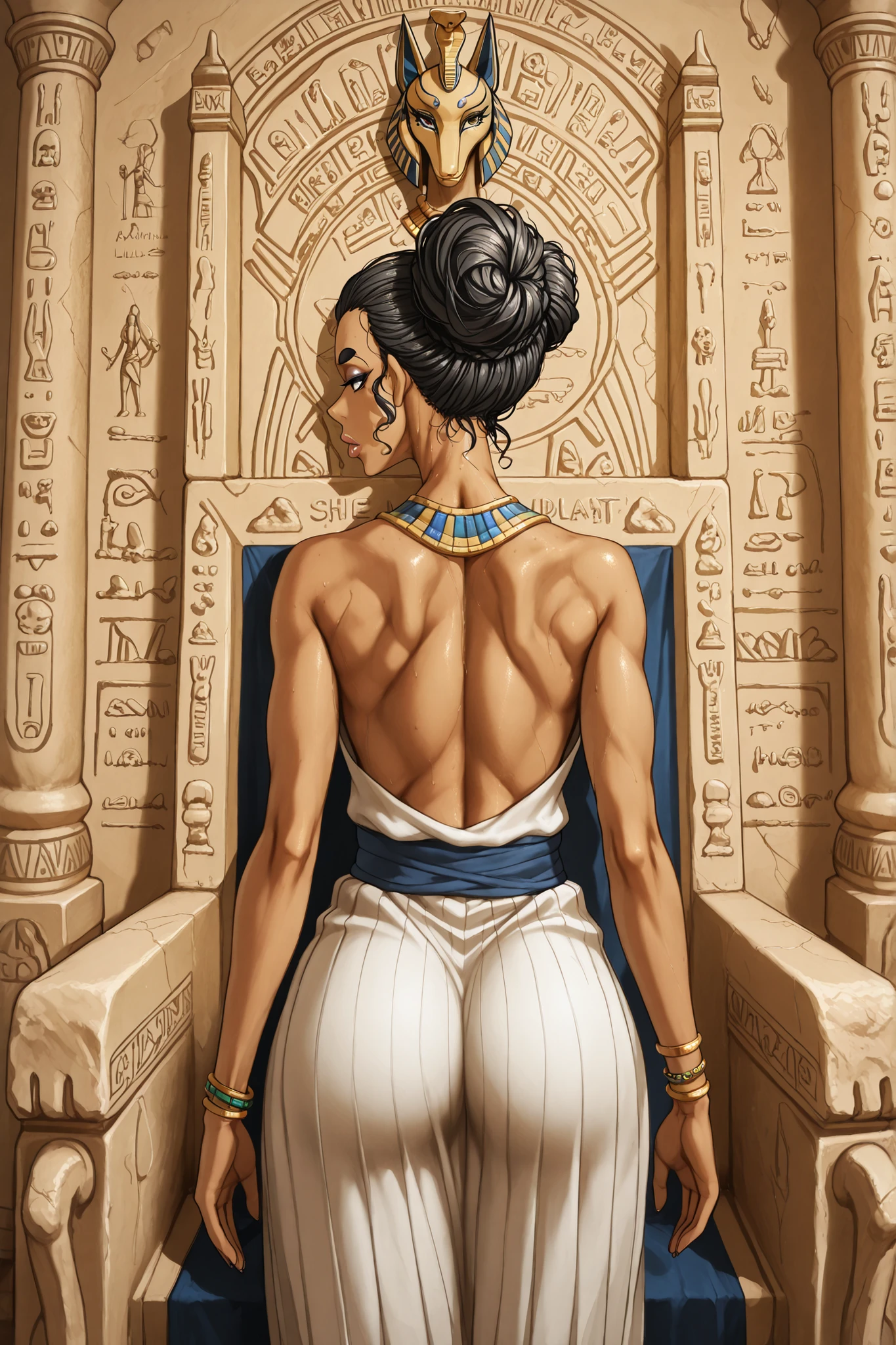 A 30-year-old woman with a slender, athletic build. She has olive skin and a tan complexion. Her short, curly hair is styled in several African braids, gathered close to the scalp into a single bun at the nape of her neck. She has large, expressive, dark black eyes, natural, full and thick and long eyebrows, and Egyptian kohl eyeliner that extends dramatically from her eyes in a traditional style. Prominent lips. She wears traditional ancient Egyptian clothing in a sandy beige linen texture, a pleated white and gold shendyt garment, a decorative necklace with turquoise and gold, and gold bracelets. Standing with her back facing forward, leaning against throne, arms at sides, back view showing her braided bun and bare back. Relaxed standing pose against throne. The interior of an Egyptian palace features hieroglyphics on the walls, sandstone columns, ornate throne behind her, and a warm, desert-like atmosphere. The lighting is warm and natural, regal temple setting with sandy earth tones.