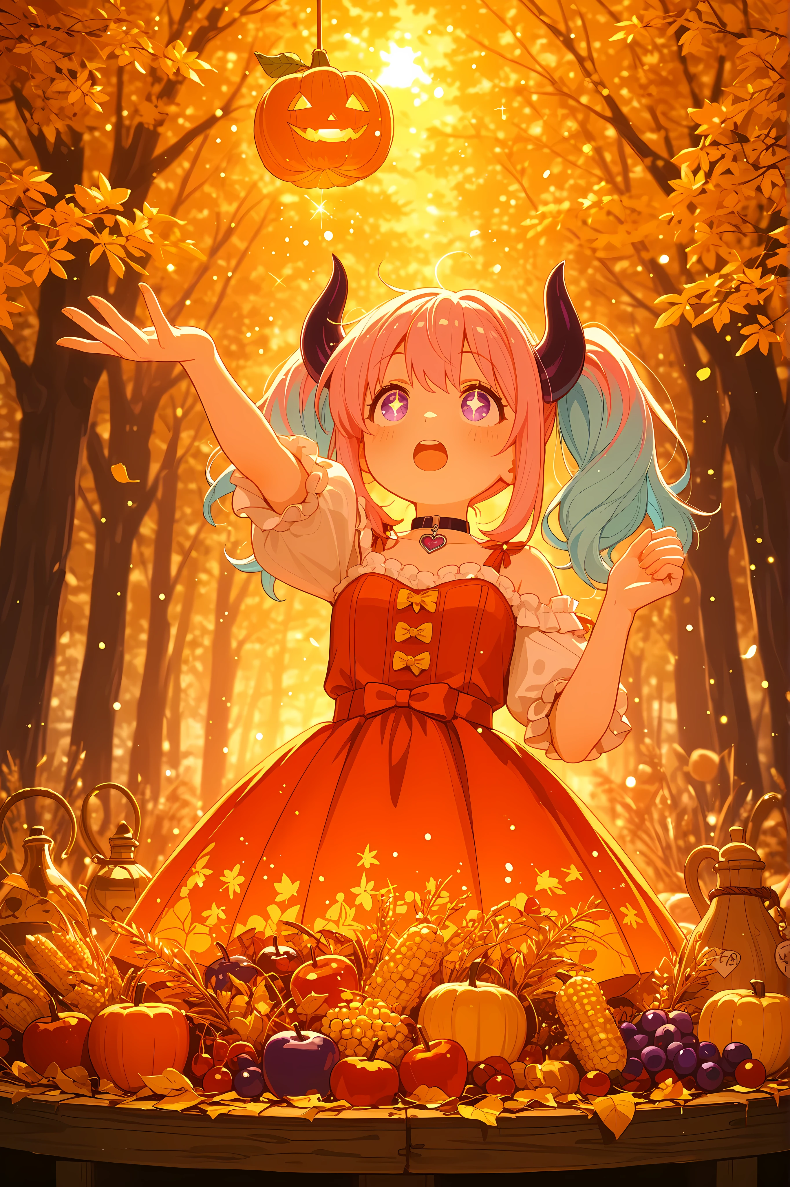 (masterpiece, best quality, ultra-detailed, 8k resolution),
1girl, solo,
((purple eyes)), ((two-tone hair, pink hair, light blue hair)), twin tails, (black horn), (heart charm choker),
cute demon girl celebrating harvest festival,
three-quarter view, looking up at falling golden leaves with wonder and joy,
both hands reaching up to catch magical glowing fruits,
adorable surprised expression with sparkling eyes,
wearing autumn-colored dress with harvest motifs and frills,
surrounded by floating pumpkins, corn, apples, and cranberries,
magical cornucopia overflowing with enchanted food in background,
golden autumn leaves swirling in the air with magical sparkles,
warm orange and gold lighting like sunset,
rustic wooden table with feast appearing magically,
grateful atmosphere with soft heavenly light beams,
autumn harvest decorations, wheat sheaves, gourds,
cinematic composition with depth of field,
miracle moment captured with glowing particles,
