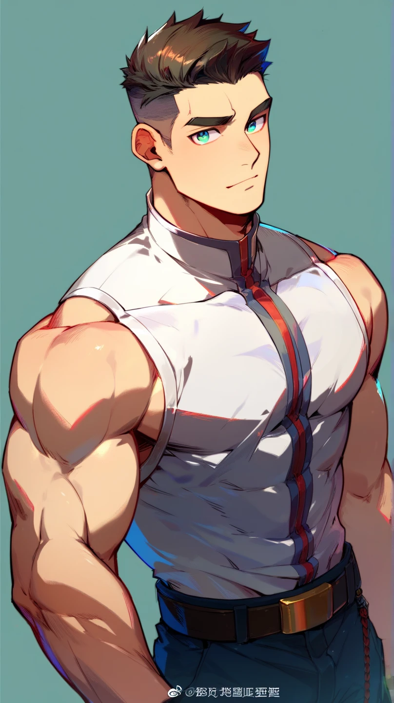 A muscular man wearing a white and sky blue fitness outfit，Cool hairstyle，Cool glasses，Blue sky and white clouds