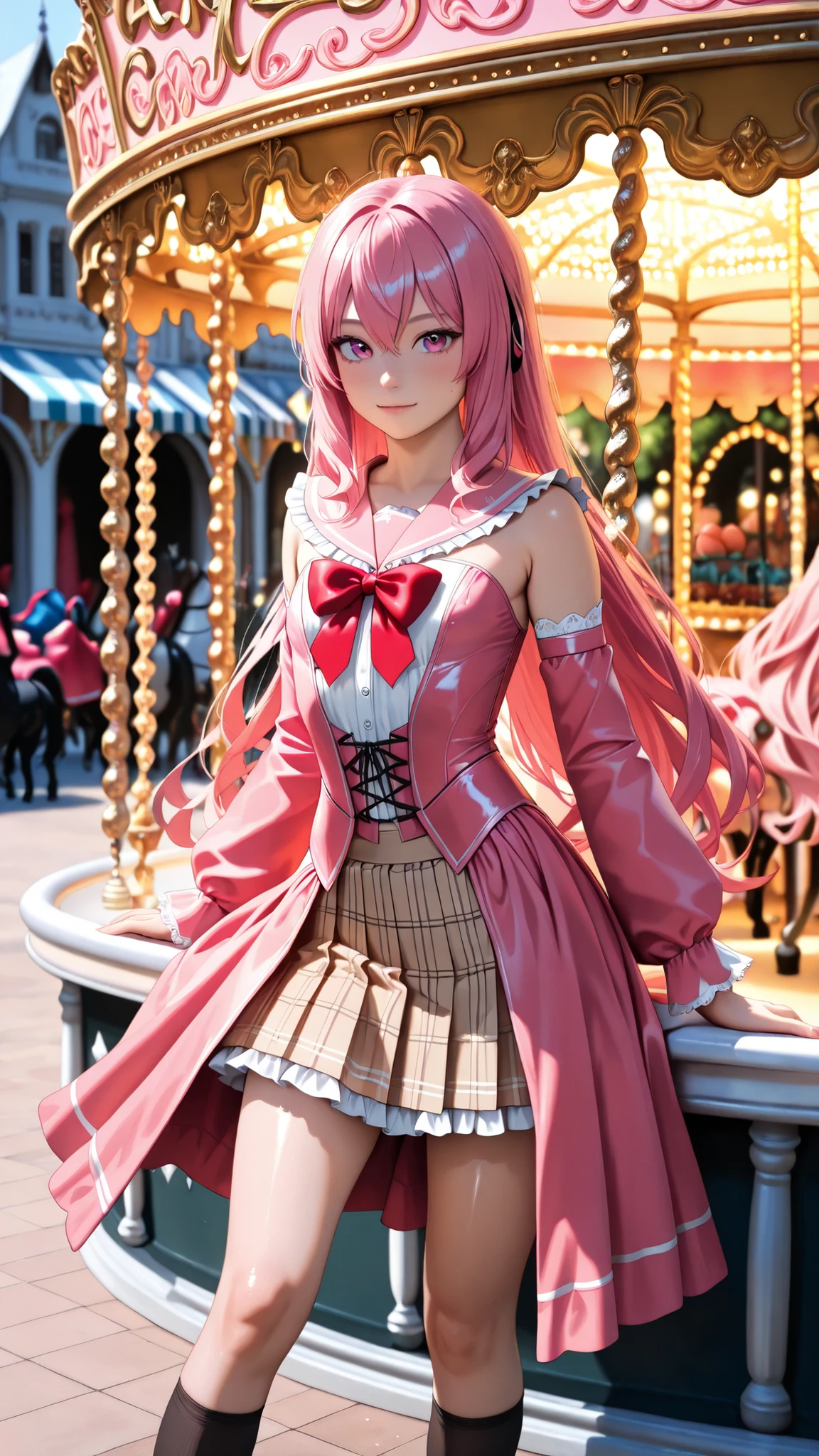 solo, grace_sveg, pink hair, Tight waist、Small waist、shiny Skin , (upper body), light smile, skin, (peach pink chiffon sailor-collar blouse : 1.2), (beige frilled sailor-collar : 1.4), beige sailor-collar, (puffy long peach pink sleeves, gathered pink sleeves, shirring on peach pink sleeves), (lace-trimmed cuffs : 1.2), red ribbon bow at chest, (beige knee-length plaid pleated skirt, frilled skirt, hem at knee, modest length), black frilled knee-high socks, peach pink simple pumps, western street festival, ornate European architecture background, market stalls, carousel, festive decorations, flowing dress, photorealistic, cinematic lighting, depth of field