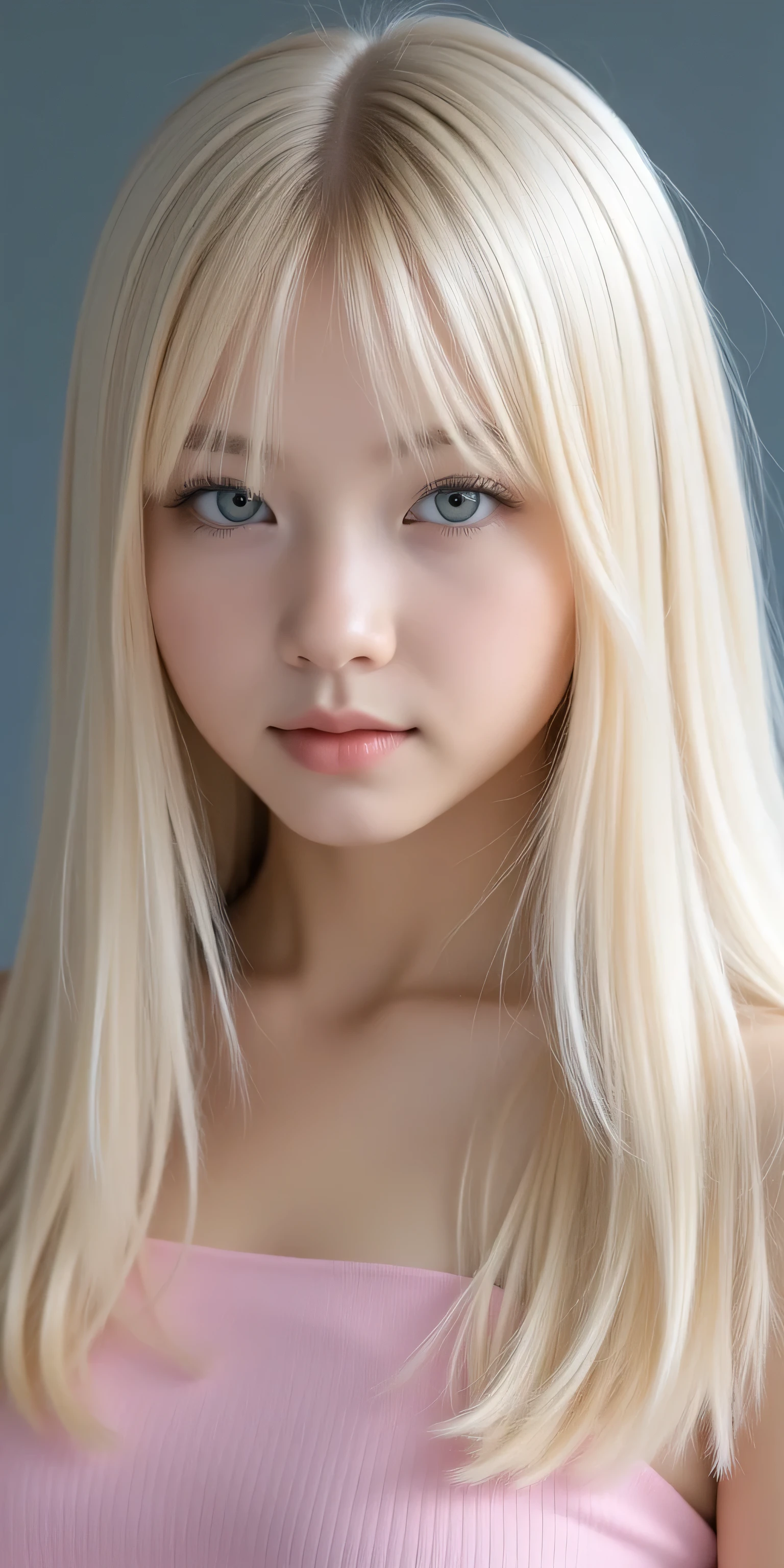 19 year old girl with beautiful cute young face,beautiful beautiful long platinum blonde hair,super long straight silky platinum blonde hair、 Half Body Shot ,Beautiful long bangs,beautiful bangs between eyes,Bangs covering the forehead、striped hair on men's clothing,Round face、Clear, very bright light blue eyes that shine、very big eyes、pure white, shiny, smooth, beautiful skin、 the luster of young cheeks 、Pink dress、Small Face Beauty、round face、Cheek Gloss Highlights、 cutie little face、A peerless beauty、