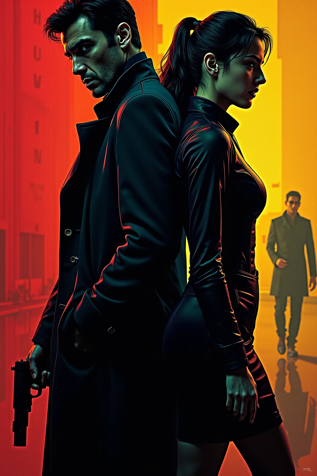 Hollywood spy thriller poster：A mysterious man in a trenchcoat and a woman in a tight jacket standing back-to-back，Sharp eyes，holding handgun。The background uses multi-scene narrative and double exposure。in pop art style，Thrilling suspense。deep blues、Black、Red and yellow tones，Create a dramatic effect。