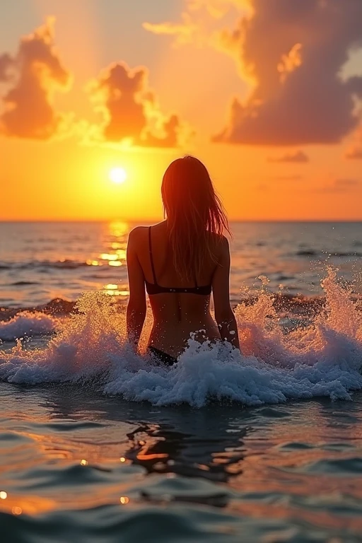 high high quality,professinal,Strong sense of realism,Great Lighting Effects,splash of water,Dolphins Jumping on the Sea,Beautiful  Girls,the setting sun,Golden light,Warm Colors,Dynamic Moments,Delicate droplets,Dreamy Beach Scenes,Amazing detail depiction,Vibrant Ocean Scene,professinal级摄影作品,High Resolution,Lens aperture,Realistic textures