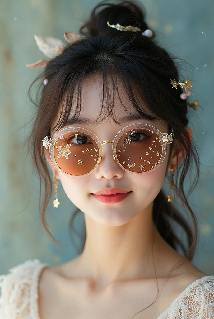 Absurd, High resolution, Super detailed, One girl, alone, Very fine grain, Starfish, seashell, shell, flower, Have, hair ornaments, jewelry, straw Have, View your viewers, sunglasses, Have flower, straw, Hair Clip, earrings, red flower, Colored glasses, yellow flower, bangs, English text, Multicolored Hair, orange flower, Black Hair, ring, cup, Long Hair, orange-Colored glasses, food, Brown Hair, Portraiture, shell hair ornaments