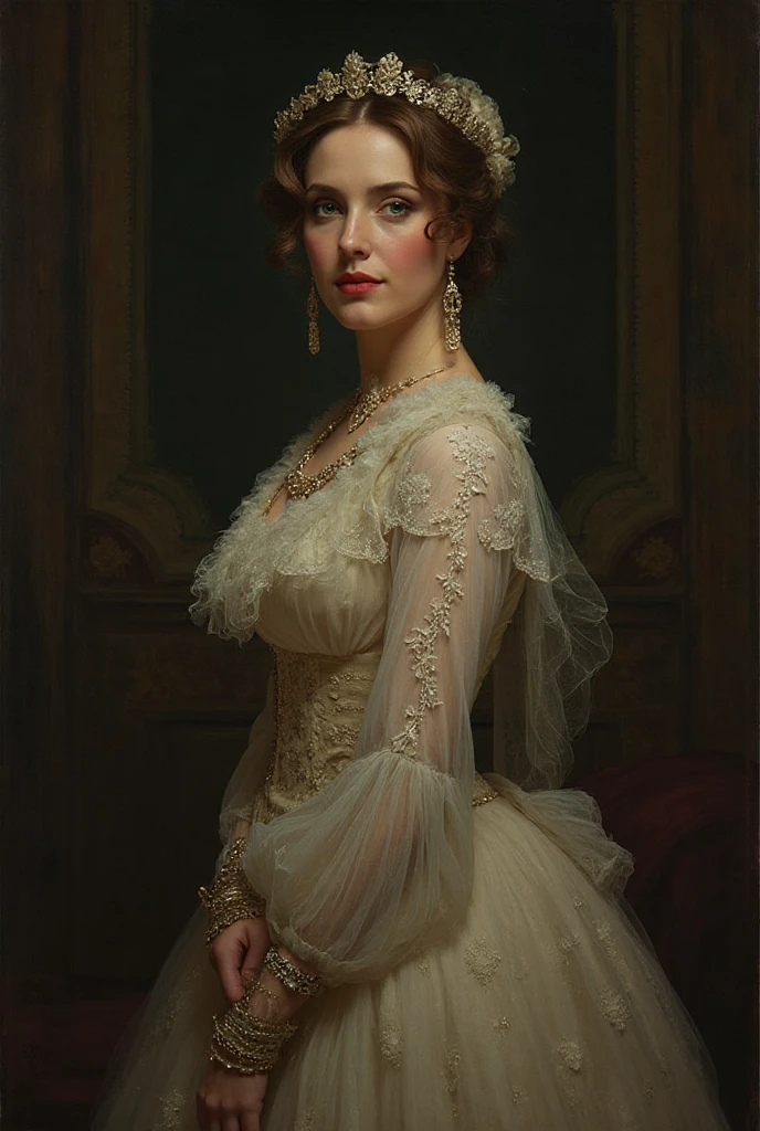 A colored pencil sketch of A beautiful Aristacrat woman with large elegant, hawk-like-nose, who embodies old fashioned class, sophistication, elgance as well as wholesome, natural beauty. curvy, thin-waist, wide-hips, swaying-hips. Laura Vandervoort. Oppulent historically accurate victorian dress.  mash up of Anna Popplewell