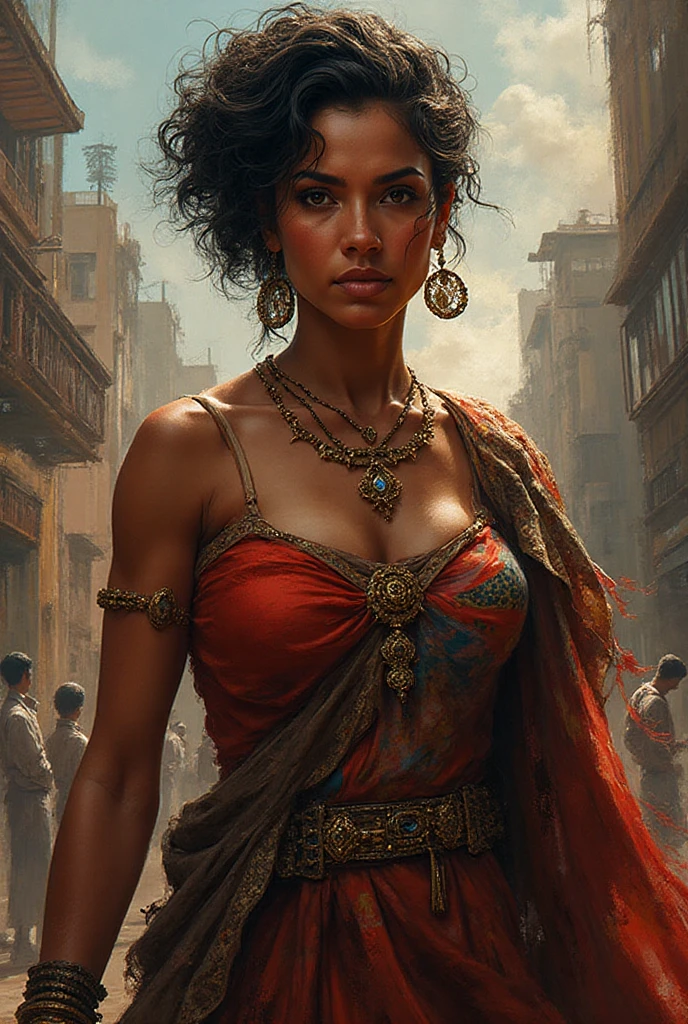 dans un décor faiblement éclairé Une magnifique femme coquine et plantureuse au teint clair neutre en tenue traditionnelle, portant un sari élégant rouge foncé et froissé, pas de pièce de chemisier, poitrine nue et bijoux complexes bracelets verts en verre et un petit bindi rouge entre les sourcils de la dame portant un collier fin et long en or avec une longue chaîne avec des perles noires et dorées. Les perles sont disposées selon un motif répétitif, avec la plus grosse perle en bas et la plus petite en haut. Au centre du collier, il y a un pendentif avec un dessin en forme de reine de pique, Le pendentif est attaché à la chaîne avec un fermoir en or. Le style général des bijoux est traditionnel. ((Big sagging breast)). ((Deep cleavage))