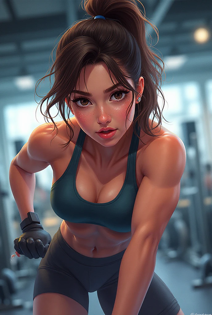 PonyXLV6_Scores,source_anime,masterpiece,best quality, highly detailed,cinematic,unity 8k wallpaper, amazing quality, masterpiece, best quality,  UHD, perfect ,
BREAK
<lora:brig:0.8>brigitte, 1girl, freckles, hair pulled back, solo, , tattoo, brown hair, navel, towel, shoulder tattoo, gloves, brown eyes, fingerless gloves, , cleavage, abs, long hair, lips, sports bra, ponytail, midriff, toned, sidelocks, nose, black gloves,gym room