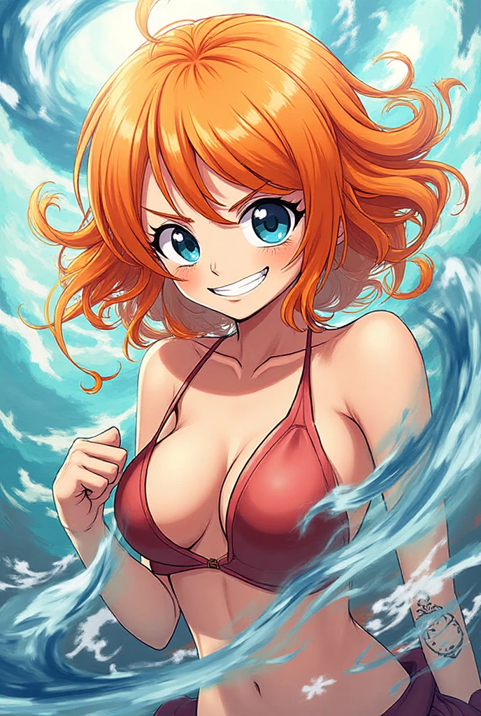 Kousaka honoka, cowboy shot, blue eyes, orange hair,  micro , star-paint , bracelet, ,curvy body, looking down at viewer, Blush, energetic smile, crouching,in air, falling down, flying water drops,hair ornament, detailed hair strands