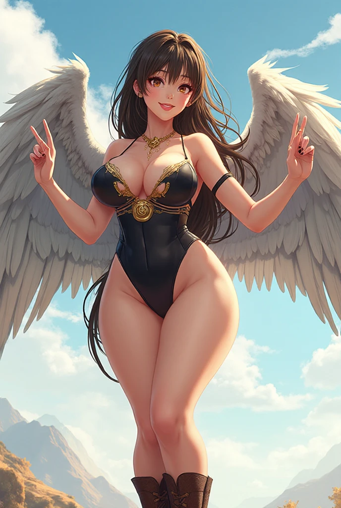 最high quality, high quality, 8K、High resolution,Highest quality、solo、胸に翼のある白いビキニ姿のtallのadult female angelを下から、Very beautiful proportions、belly button、Thighs、tall、Adult woman in a white bikini, Archangel Style、super Wild Angel, A happy open-mouthed smile、Thighs、Naturally Shaped Fingers、Long neck、from the front、Looking at each other, our eyes met、 belly、Blonde hair and blue eyes、Majestic Angel, Anime Goddess, Wild Angel, from the front、thick, Beautiful and attractive anime woman, Huge and stunning goddess shots, Angel Adult Woman, adult female angel, She has angel wings on her back,Highly detailed goddess shot