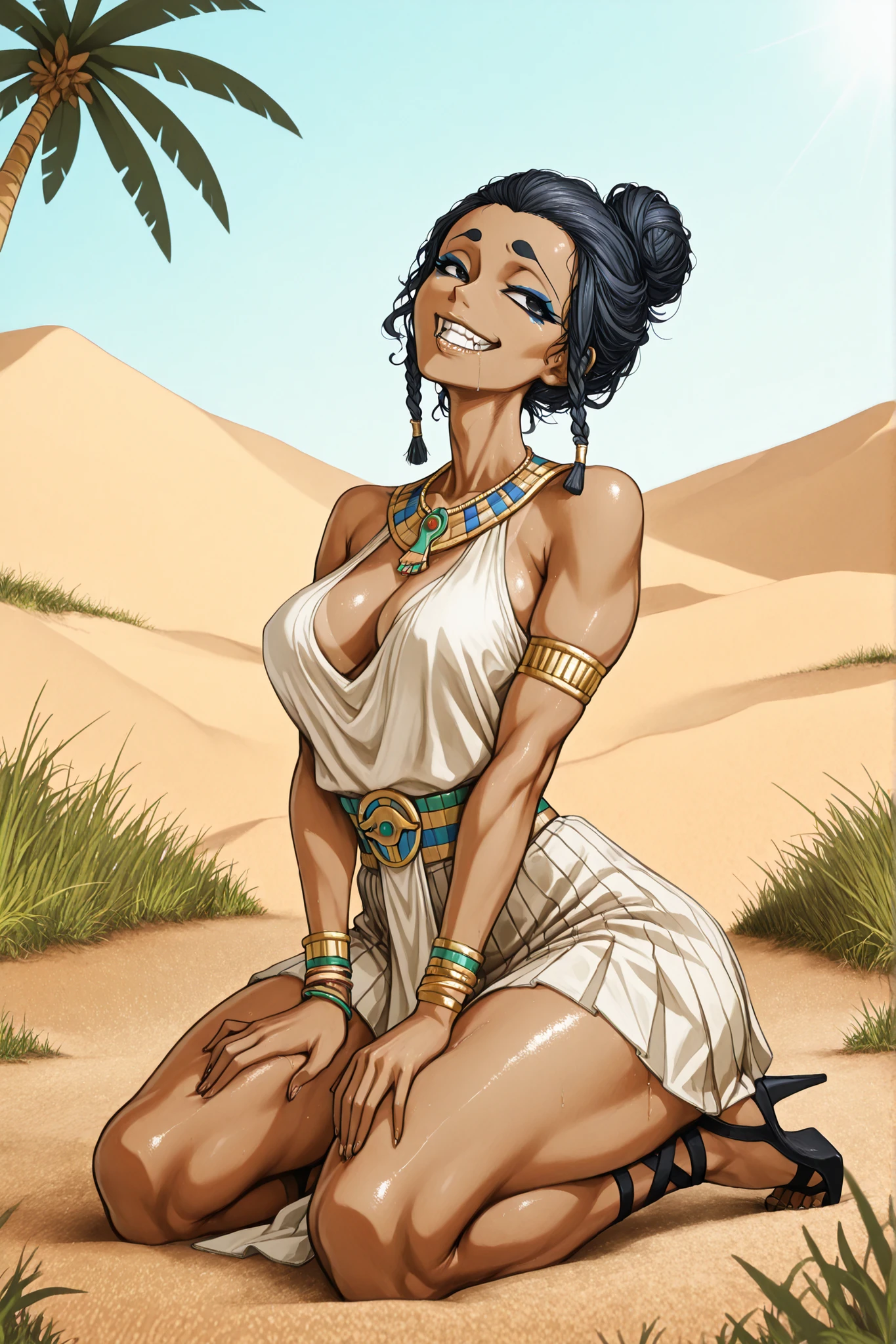 A 30-year-old woman with a slender, athletic build. She has olive skin and a tan complexion. Her short, curly hair is styled in several African braids, gathered close to the scalp into a single bun at the nape of her neck. She has large, expressive, dark black eyes sparkling with mischief, natural, full and thick and long eyebrows raised playfully, and Egyptian kohl eyeliner that extends dramatically from her eyes in a traditional style. Prominent lips curved in mischievous smile, mouth open showing teeth. She wears traditional ancient Egyptian clothing in a sandy beige linen texture, a pleated white and gold shendyt garment, a decorative necklace with turquoise and gold, and gold bracelets. Kneeling on grassy ground, sitting back on heels, hands on thighs or lap, mouth open with playful grin. Playful teasing kneeling pose. Nile River grassy bank, green grass beneath her, calm water nearby, desert visible in background distance, palm trees, clear sky. Warm sunlight, lighthearted playful atmosphere, mischievous teasing mood, ancient Egyptian riverside with sandy earth tones.