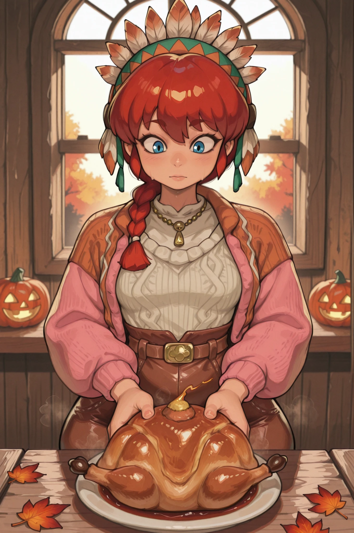 Ranma Saotome. red hair. blue eyes. braid. small breasts. wide hips. necklace. black eyeliner. pink manicure. | Thanksgiving Miracle — enchanting autumn scene at golden hour: a peacefully tamed turkey stands at the center of a rustic wooden table set for Thanksgiving, wearing a tiny knitted jacket in warm cranberry color. Beside it — a figure in traditional Native American attire (feathered headdress, leather garments) holding a toasted bread instead of a tomahawk. Soft sunlight streams through a window, casting warm glow on fallen maple leaves scattered across the table. In the background: steaming pie, pumpkin decorations, and a faint aurora‑like glow in the sky. Style: photorealistic with a touch of magic, 8k, warm autumn palette (gold, rust, deep green), PG‑13 tone, atmosphere of unexpected harmony and gratitude.
