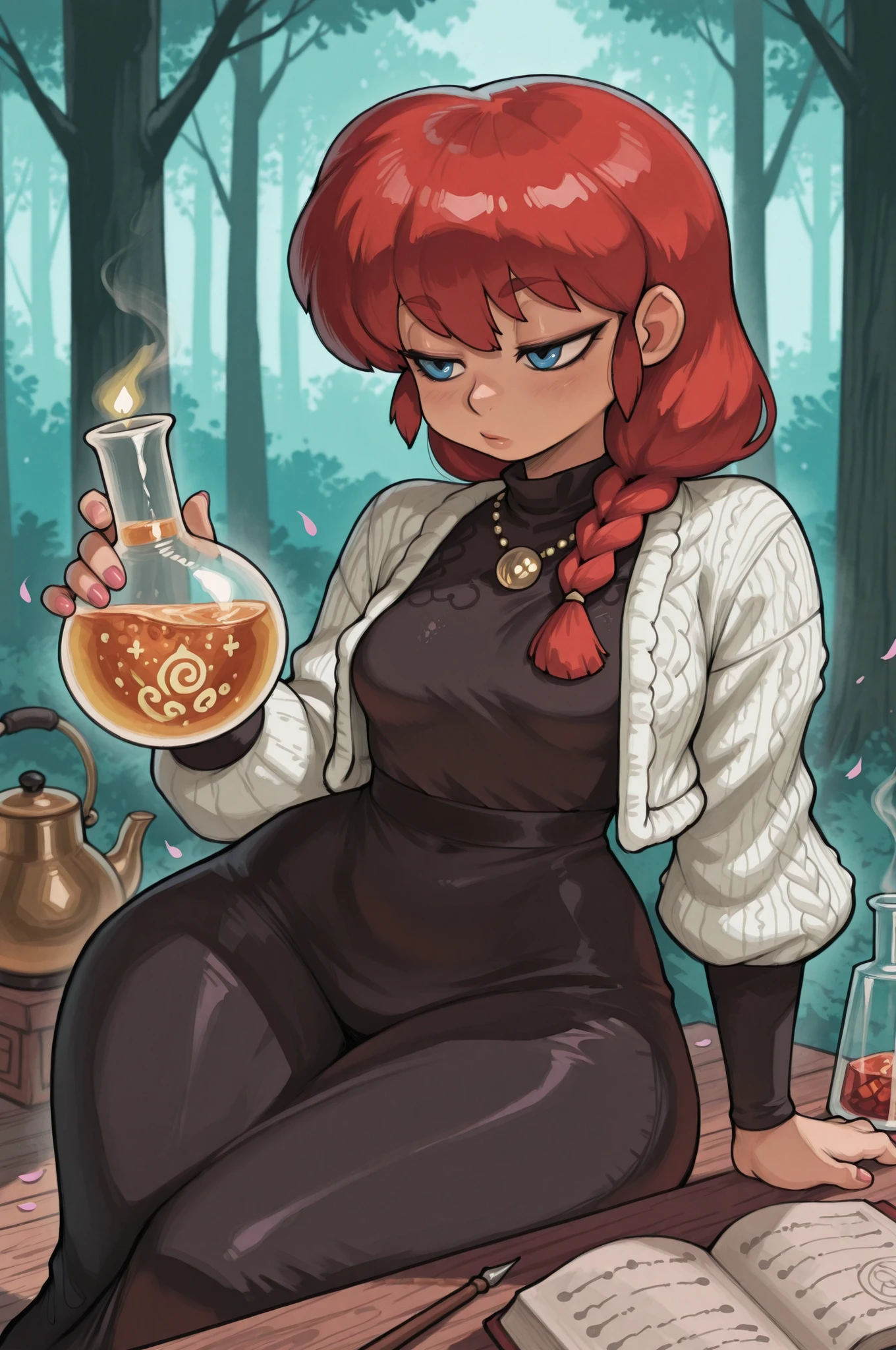 Ranma Saotome. red hair. blue eyes. braid. small breasts. wide hips. necklace. black eyeliner. pink manicure. | Mysterious Perfumer — dimly lit atelier filled with the aura of alchemy. A figure in a textured knitted jacket sits at a cluttered wooden table, carefully measuring essences into a glass distillation apparatus that glows with soft amber light. Around: vintage glass vials with coloured liquids, dried botanicals, hand‑written formulae, and an ancient alchemical kettle bubbling gently in the corner. On the table — a half‑filled perfume flask, a mortar and pestle with crushed petals, and open books showing diagrams of scent molecules. Warm candlelight flickers, casting dancing shadows and highlighting wisps of aromatic steam. Color palette: deep ambers, forest greens, and muted golds. Style: photorealistic with a touch of gothic romance, 8k resolution, intricate textures (wool fibres, glassware, parchment), PG‑13 tone, atmosphere of secretive creation and olfactory magic.