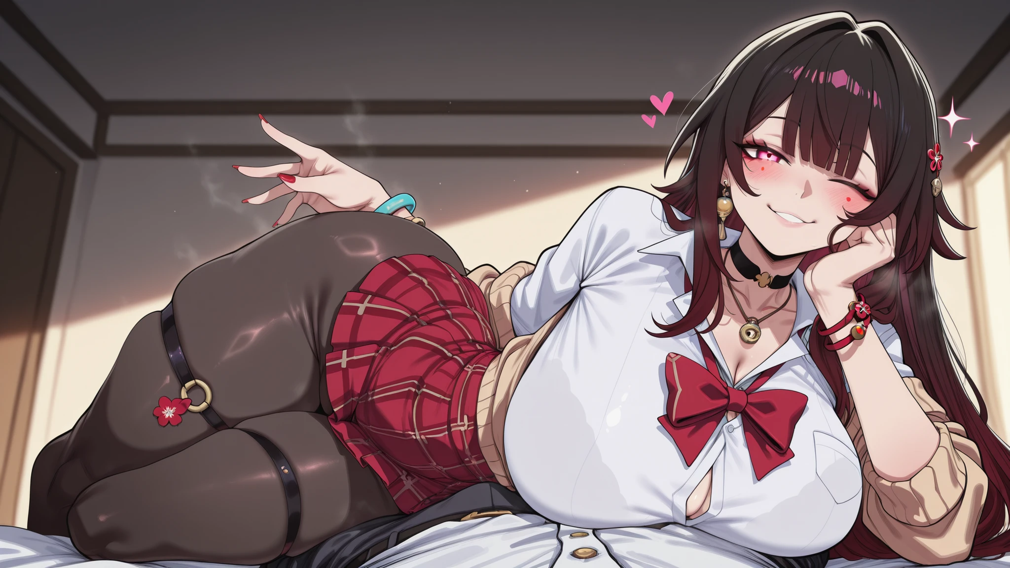 Mullon art style, sparklehsr, high quality, masterpiece, best quality, sparkle (honkai: star rail), 1girl, gradient long straight hair let down, choker with pendant, thigh strap visible, painted nails, voluptuous figure, tiny waist, curvy hips, school uniform, loose cardigan, white shirt with top buttons open, red bow tie, red plaid skirt, black pantyhose, ((very well detailed)) wavy hair, big bracelets, (big earrings), ((sexy pose)), (posing), indoors, sfw, playful dominant expression, blush on cheeks, bokeh light, blush, score_9, score_8_up, score_8, 1girl, big ass, steam, huge breast, slender waist, wide hips, big ass, venus body type, ((hair let down)), ((straight long hair)), gradient hair, teasing expression, playful tease, gal, gyaru, seductive smile, looking at viewer, viewer pov, in a bedroom, on a bed, 1male, girl on top, view from below, face close up, wink, laying on male