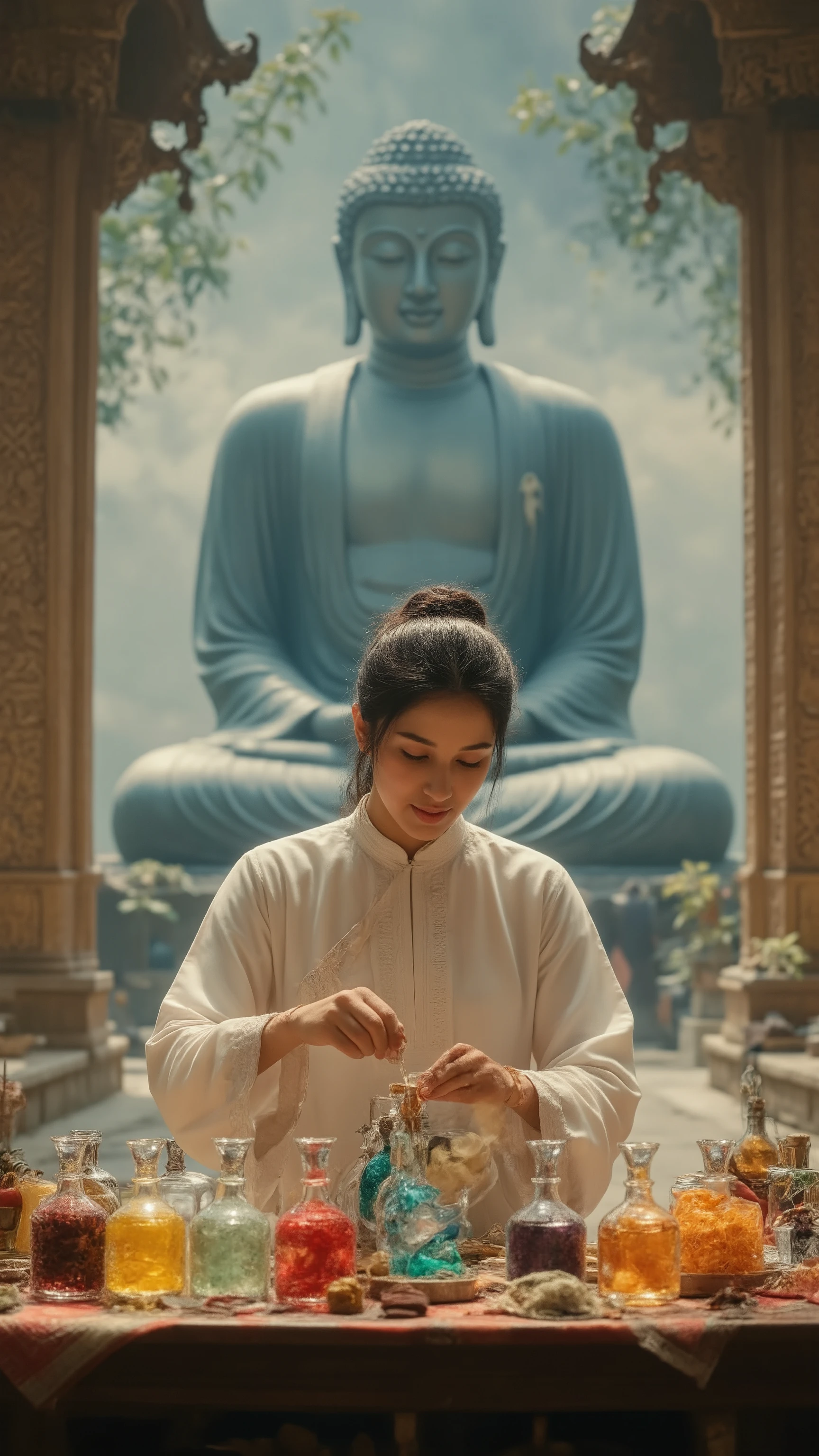 highdefinition picture、In front of the great Buddha of the temple、The daughter of the temple is blending perfume from multiple colorful flasks on the table in front of the great Buddha of the temple、
