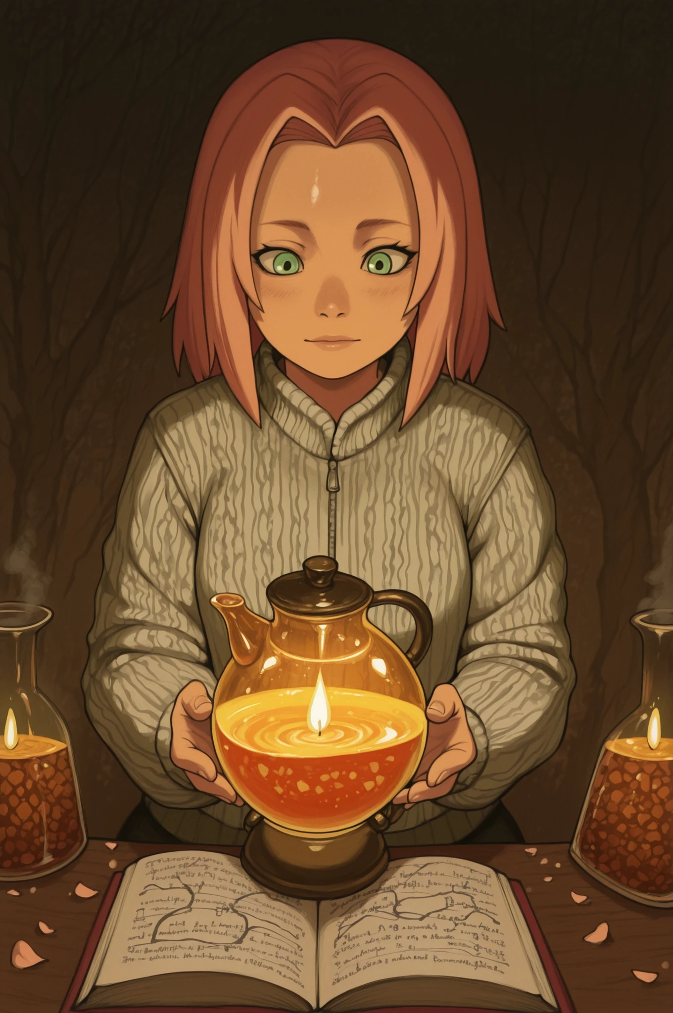 Sakura Haruno. small breasts, huge hips, pink hair, medium hair, light green eyes, thin lips, very fair skin, big forehead. | Mysterious Perfumer — dimly lit atelier filled with the aura of alchemy. A figure in a textured knitted jacket sits at a cluttered wooden table, carefully measuring essences into a glass distillation apparatus that glows with soft amber light. Around: vintage glass vials with coloured liquids, dried botanicals, hand‑written formulae, and an ancient alchemical kettle bubbling gently in the corner. On the table — a half‑filled perfume flask, a mortar and pestle with crushed petals, and open books showing diagrams of scent molecules. Warm candlelight flickers, casting dancing shadows and highlighting wisps of aromatic steam. Color palette: deep ambers, forest greens, and muted golds. Style: photorealistic with a touch of gothic romance, 8k resolution, intricate textures (wool fibres, glassware, parchment), PG‑13 tone, atmosphere of secretive creation and olfactory magic.
