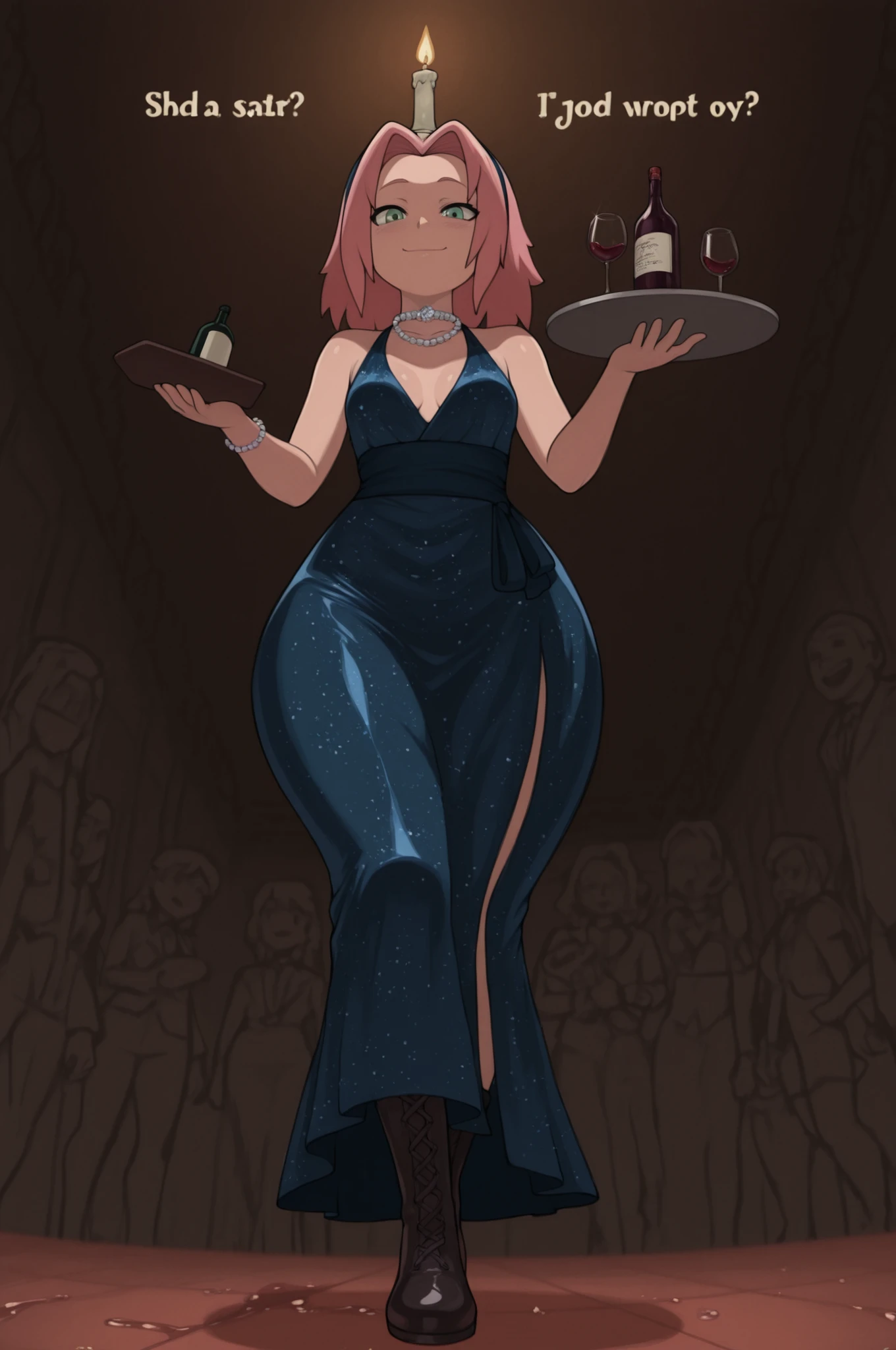 Sakura Haruno. small breasts, huge hips, pink hair, medium hair, light green eyes, thin lips, very fair skin, big forehead. |  James Bond 007: Code Reboot — glamorous tropical soirée under moonlit palm trees. A spy couple commands attention: the man in a sleek, modern tuxedo jacket with a hidden wrist gadget; the woman in an elegant floor‑length evening gown, a diamond‑encrusted choker at her throat and thigh‑high patent‑leather boots. She holds a chilled bottle of vintage wine, its label obscured — is it a cover, or a coded message?
Around them, a poolside party buzzes with undercover agents and high‑stakes players, their conversations laced with double meanings. Tables glow with candlelight, exotic flowers spill from gilded urns, and a band plays a sultry jazz riff. In the shadows, a waiter carries a tray of martinis — one slightly off‑center, perhaps laced.
Lighting: warm amber uplights and cool blue moonbeams intertwine, creating pools of light and secrecy. Silhouettes of palm fronds dance across marble floors.
Color palette: midnight blue, liquid gold, deep crimson, and pearl white — with metallic flashes from jewelry and glass.
Style: cinematic photorealism, 8K. Crisp details: weave of the tuxedo, satin sheen of the gown, dew on the wine bottle, and tiny reflections in the колье’s stones.
Composition: medium two‑shot, slightly low angle to emphasize stature; shallow depth of field isolates the couple from the blurred, bustling party.
PG‑13 tone: sleek, suspenseful, and stylish — no overt violence, just the thrill of hidden agendas and seductive intrigue.
Atmosphere: luxury as a cover, where every smile hides a cipher and every toast could be a trigger.