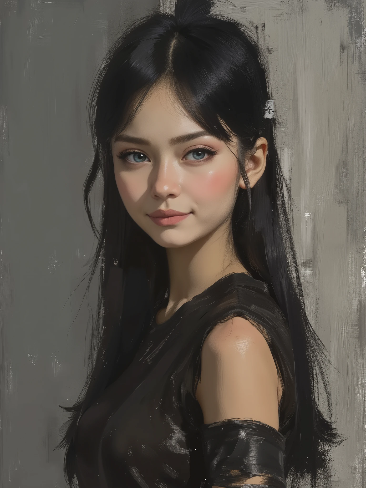 sketch painting, marinette Dopanchan, mankafactor style, A very beautiful and cute 22 year old woman with a slight smile. (((Shy smile))), sharp focus on the face, (((Western eyes:1.5))), (((Extremely detailed ice-blue eyes, beautiful eyes, beautifully detailed eyes))), (((delicately detailed thin pink lips))), (((long hair, shiny hair))), (((black medieval steampunk style sleeveless t-shirt))), (((Dark Blue medieval steampunk style leather warrior pants))), (((full body view, dynamic pose, standing:1.5, graceful pose))), (((The background is Dark Gray and painted with expressive, visible textures using dynamic brushstrokes and strokes that add depth and movement. The paint covers only the area just behind the subject. The outer edges of the image with black margins, as if the background had been painted with a brush and with expressive and visible textures using dynamic brushstrokes and strokes fading toward the edges creating a modern and artistic vignette effect))). Cinematic lighting, soft depth of field, (((masterpiece/high resolution/Best Quality/top quality/high quality/UHD/16k quality))), sharp focus, no blur, film grain, bokeh.