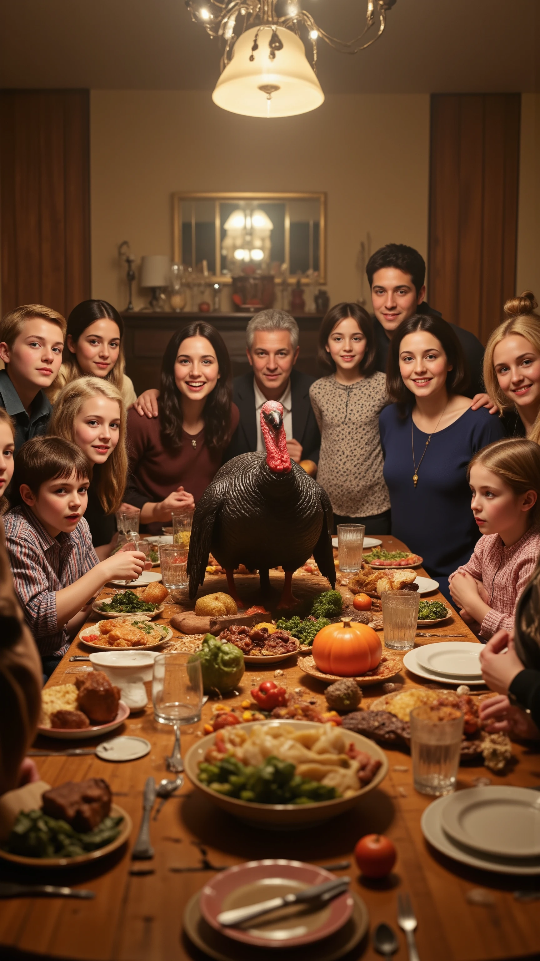 highdefinition picture、American families、there is a live turkey on the table looking at the screen、The family is amazed