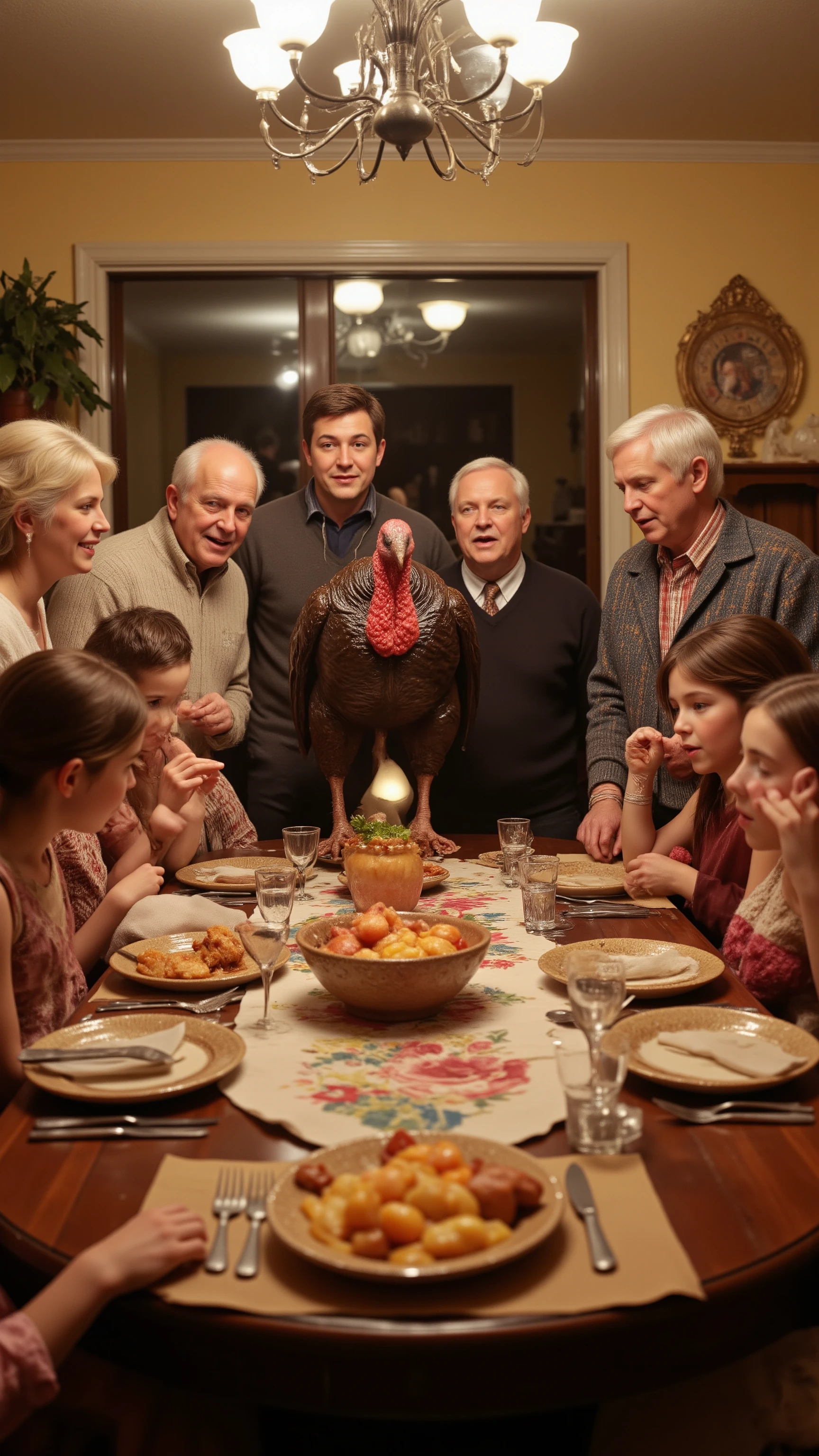 highdefinition picture、American families、there is a live turkey on the table looking at the screen、The family is amazed