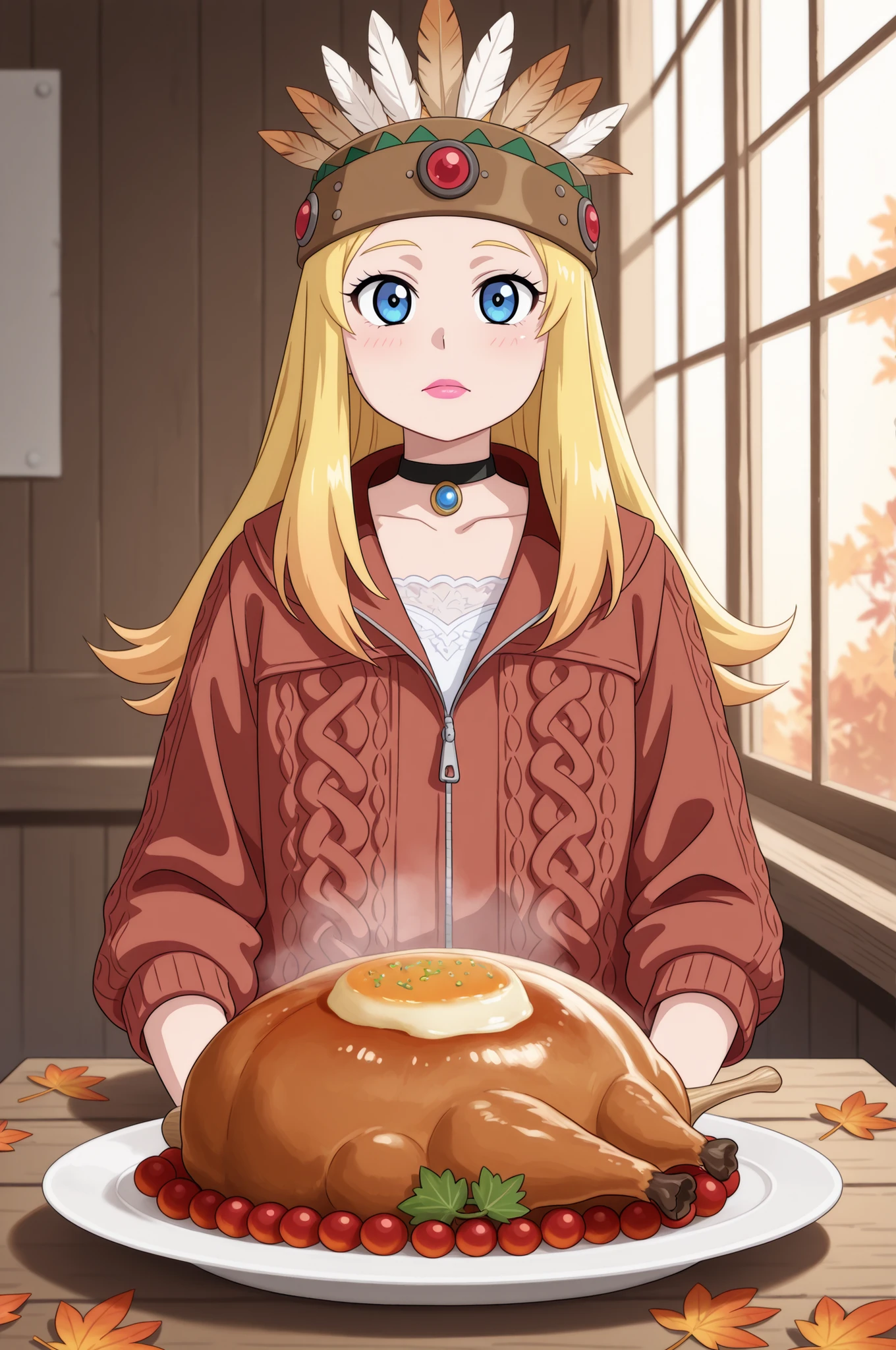 Francine Smith, looking at viewer, pink lipstick, choker, Blonde hair, small . long hair. blonde hair, | Thanksgiving Miracle — enchanting autumn scene at golden hour: a peacefully tamed turkey stands at the center of a rustic wooden table set for Thanksgiving, wearing a tiny knitted jacket in warm cranberry color. Beside it — a figure in traditional Native American attire (feathered headdress, leather garments) holding a toasted bread instead of a tomahawk. Soft sunlight streams through a window, casting warm glow on fallen maple leaves scattered across the table. In the background: steaming pie, pumpkin decorations, and a faint aurora‑like glow in the sky. Style: photorealistic with a touch of magic, 8k, warm autumn palette (gold, rust, deep green), PG‑13 tone, atmosphere of unexpected harmony and gratitude.