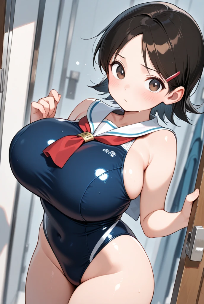 masterpiece, Highest quality, Nico_Yazawa,High resolution, 1 Girl, alone, Brown Hair, short hair, Twin tails、Purple eyes,  , , (Cleavage)、(Beautiful thighs), Carrying a red backpack, (randoseru backpack:1.2) Sweaty、Thick thighs、Highest quality、4K、1girl, 8years old, , cute, grin, 、School Swimsuit、on the train、、、Thick thighen holding their  and surrounding girls、 from the 、、、（）projectile 、、Lots of spectators、、Big Breasts