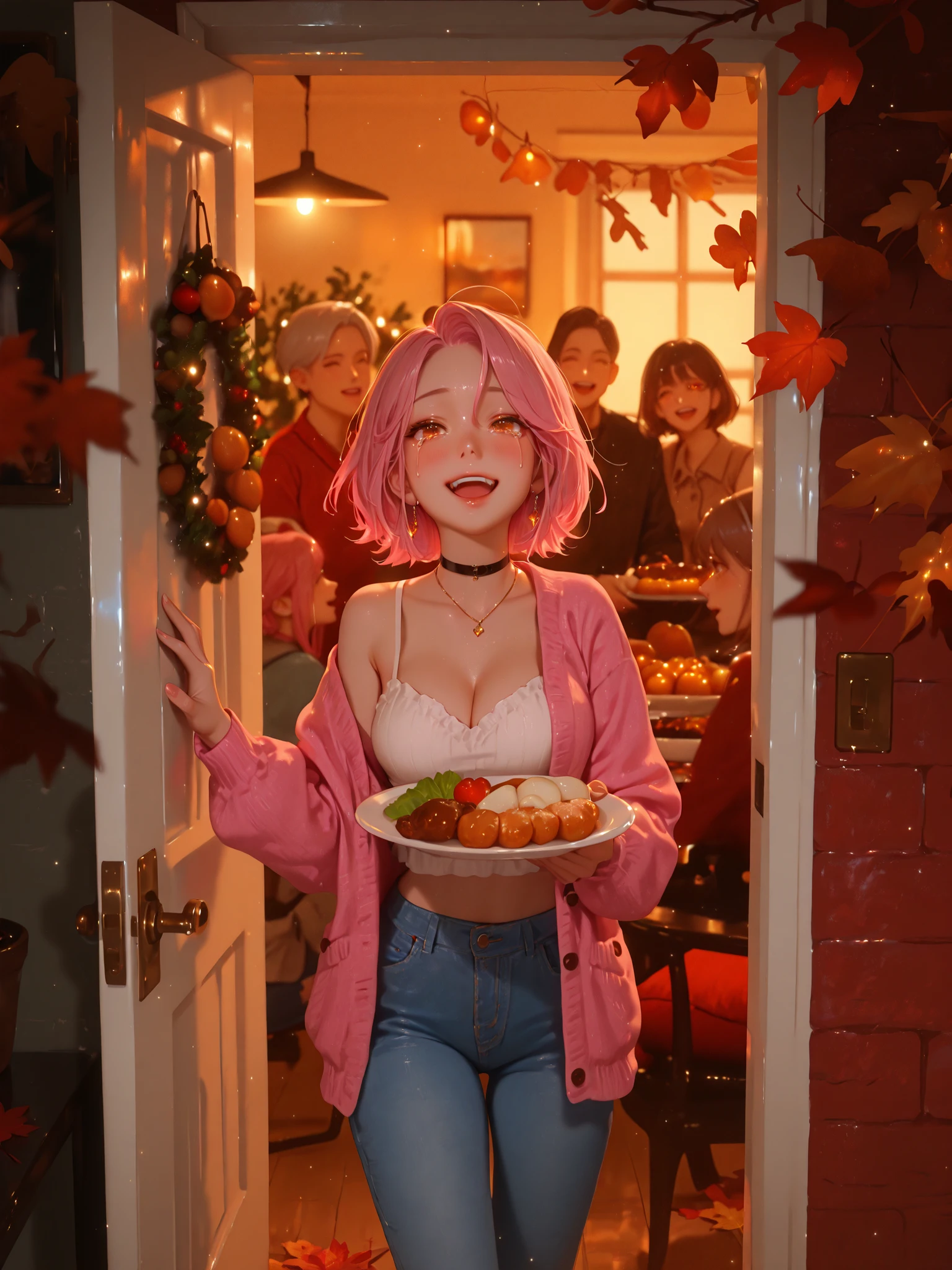 Photorealistic. A young woman stands in the entryway of a modest home on Thanksgiving, holding an abundance of delicious food, smiling with tears of joy as she returns to her family after a long time apart. She has a pink bob cut, deep orange eyes, and is wearing a pink cardigan over a low-cut white cropped sleeveless top and casual blue jeans. The family’s emotional reaction can be seen in the background, the scene filled with rich autumn colors, warmth, and gratitude. Realistic lighting, authentic and touching atmosphere, not illustration or cartoon style.
