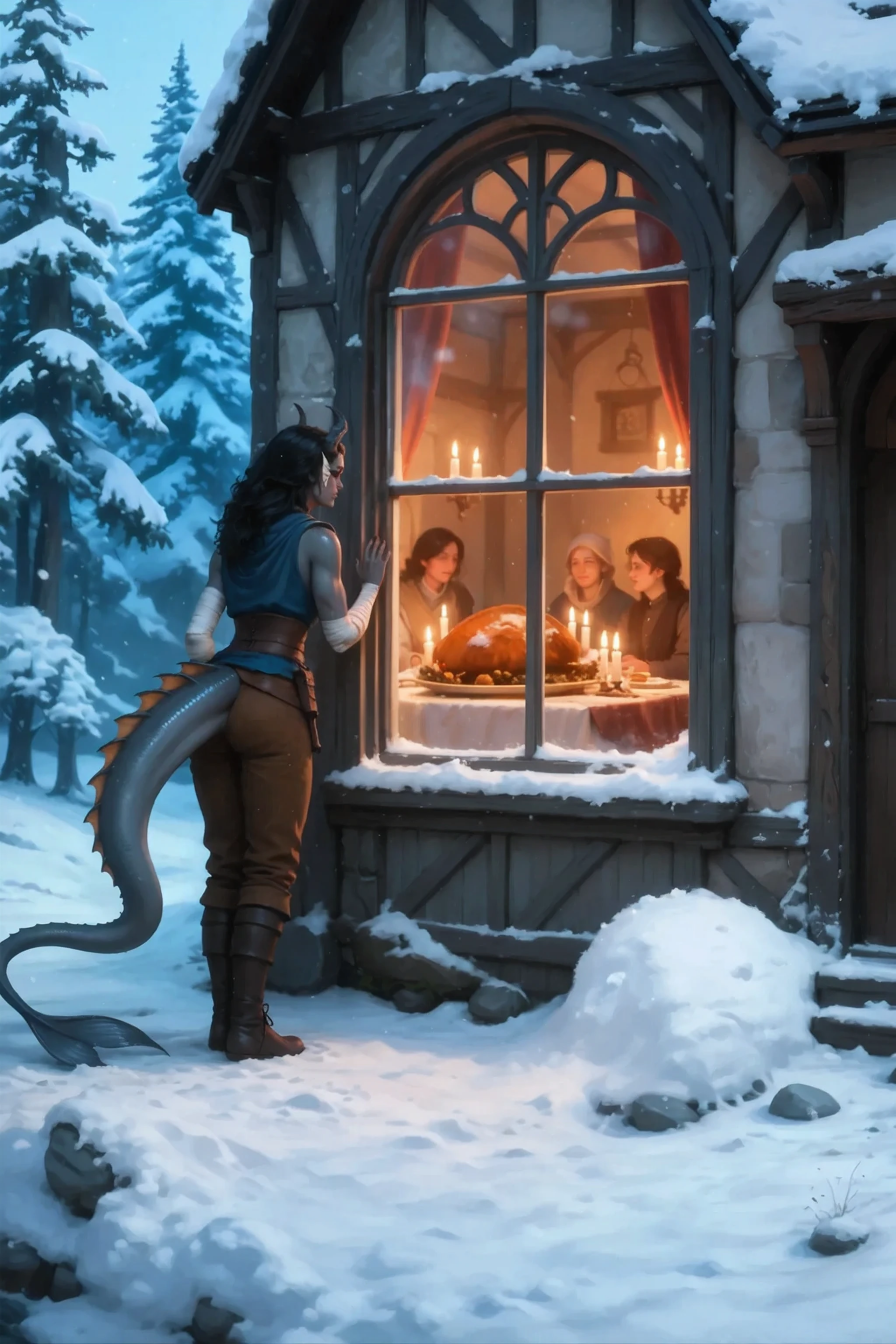 masterpiece, of the highest quality, perfect cinematic, Kedra, dark blue-gray skin , (pigmentation of the shoulder:1.2), fins on her head, dark blue-gray horns, Loose black hair, bright blue eyes , hand bandages, ( Best hands ). (5 dark blue-gray fingers), looking outside in the foreground and looking out the winter window of a cozy house outside, only the back and tail are visible, Please, save the woman's skin color from the attached images and the appearance of her tail. Create a winter atmosphere, snow in the background, The house from the outside, outside the window is cozy and the fireplace is burning. the family eats candlelight dinner at the Thanksgiving table, large roasted turkey on the table ,all the warm and cozy but very blurry house window. there is a snowball outside, cool tones, snow-covered cedars The house. outside the window that a woman is peeking into, all in warm colors and blurred. Dark frame, Fanbackgrounds, darkrain.