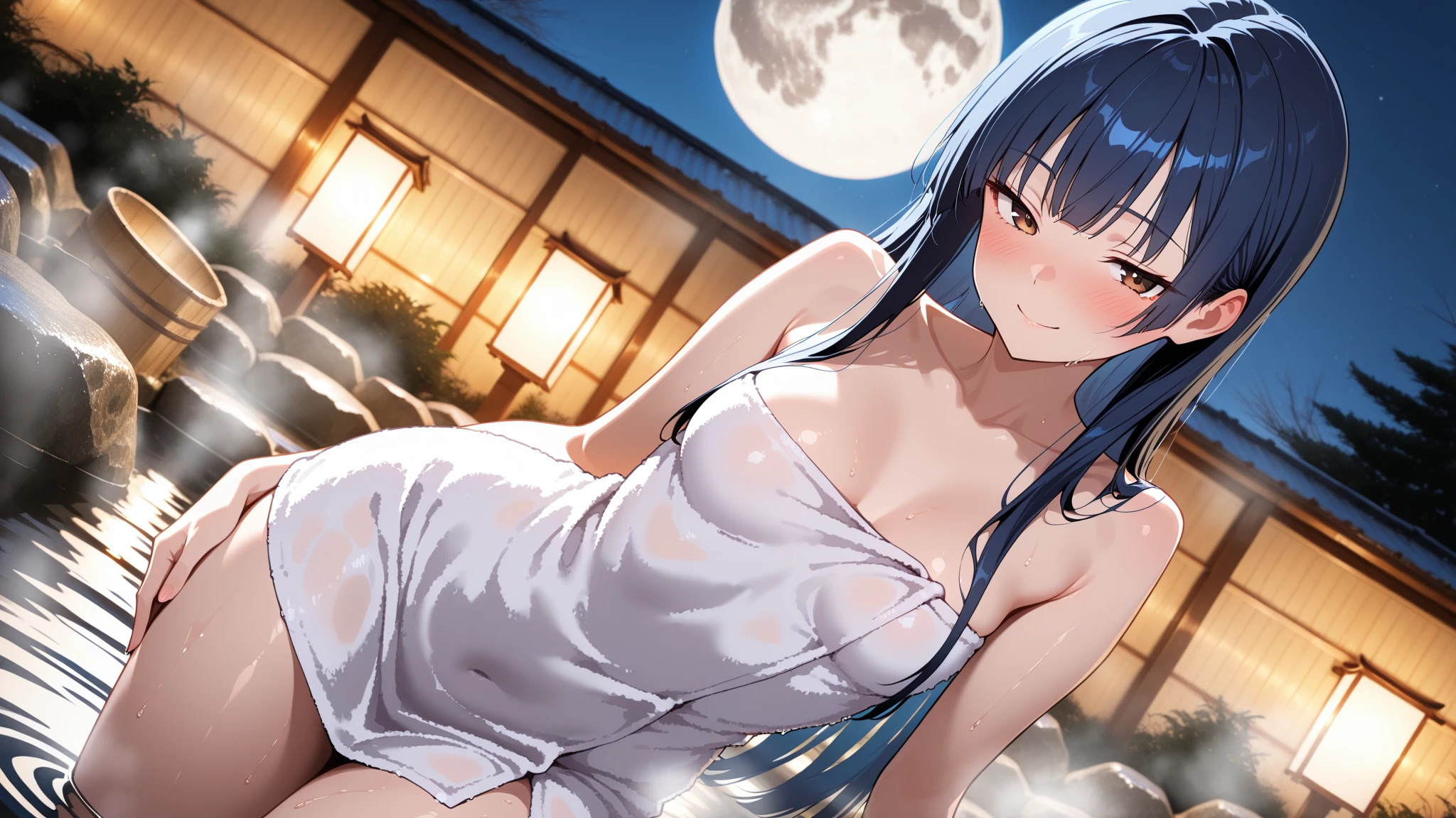 master part, high, high quality, detailed face, Detailed body, full body, slim body, , 1girl, solo, hinata hyuuga, blue hair, white eyes,  shoulders, , , necklace, bracelet, hair ornament, standing, happy, blushes, hands on own , night, space, nebula, moon and stars, galaxy,