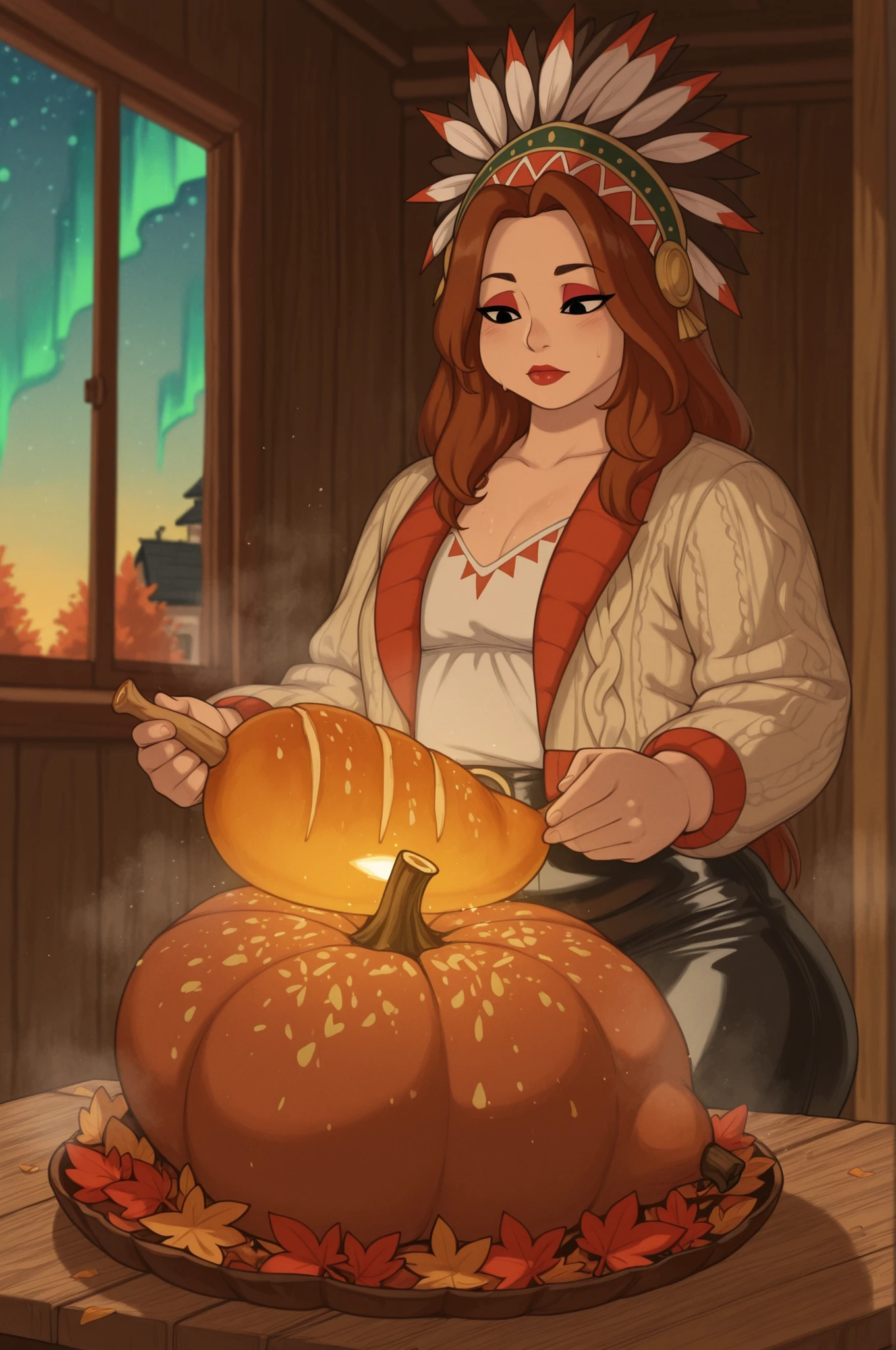Debra, small breasts. Pale red lipstick, brown hair,black eyes, pale red makeup, long hair, thick hips, chubby, overweight, mature woman. | Thanksgiving Miracle — enchanting autumn scene at golden hour: a peacefully tamed turkey stands at the center of a rustic wooden table set for Thanksgiving, wearing a tiny knitted jacket in warm cranberry color. Beside it — a figure in traditional Native American attire (feathered headdress, leather garments) holding a toasted bread instead of a tomahawk. Soft sunlight streams through a window, casting warm glow on fallen maple leaves scattered across the table. In the background: steaming pie, pumpkin decorations, and a faint aurora‑like glow in the sky. Style: photorealistic with a touch of magic, 8k, warm autumn palette (gold, rust, deep green), PG‑13 tone, atmosphere of unexpected harmony and gratitude.