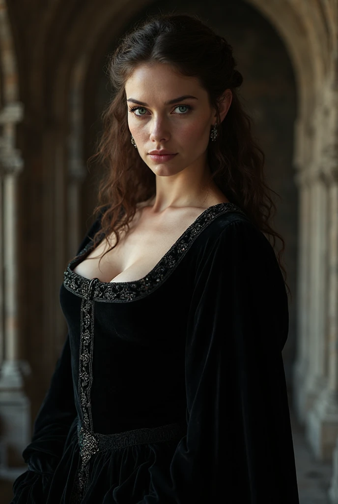 Create an image of an enchanting woman with long, flowing red hair adorned with golden stars. She should be wearing an elegant, dark blue gown with intricate gold embroidery and large red gemstones. Her expression is intense and captivating. The background should be soft and celestial, enhancing the mystical and ethereal atmospheres arches and a sense of grandeur and elegance. by Conrad Roset, Pino Daeni, Jeremy Mann, Alex Maleev, 16k resolution, super dramatic light, sharp focus, alexander mcqueen , John William Waterhouse rudolf hausner, daniel f. gerhartz,