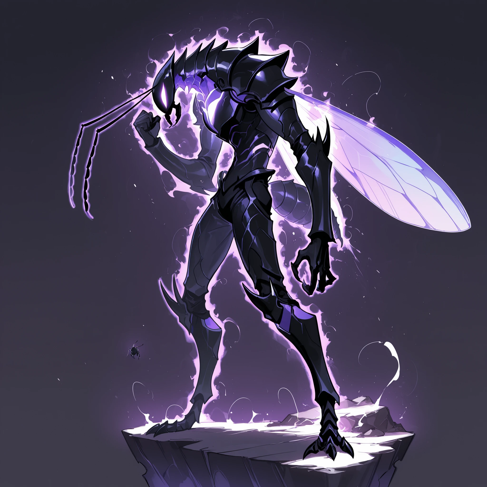 masterpiece, ultra-HD, impressionism, high detail, best quality, very aesthetic, 8K, best quality, beautiful, ultra-high resolution, 32K UHD, sharp focus, 1man, solo, akb, male, anthro insect, insect, ant, glowing purple eyes, antennae, insect wings, insect abdomen, ant abdomen, muscular, toned, defined, black skin, mandibles, ant mandibles, exoskeleton, armor, claws, glowing aura, serious, raised fist, standing, full body, looking at the viewer, simple background, profile view