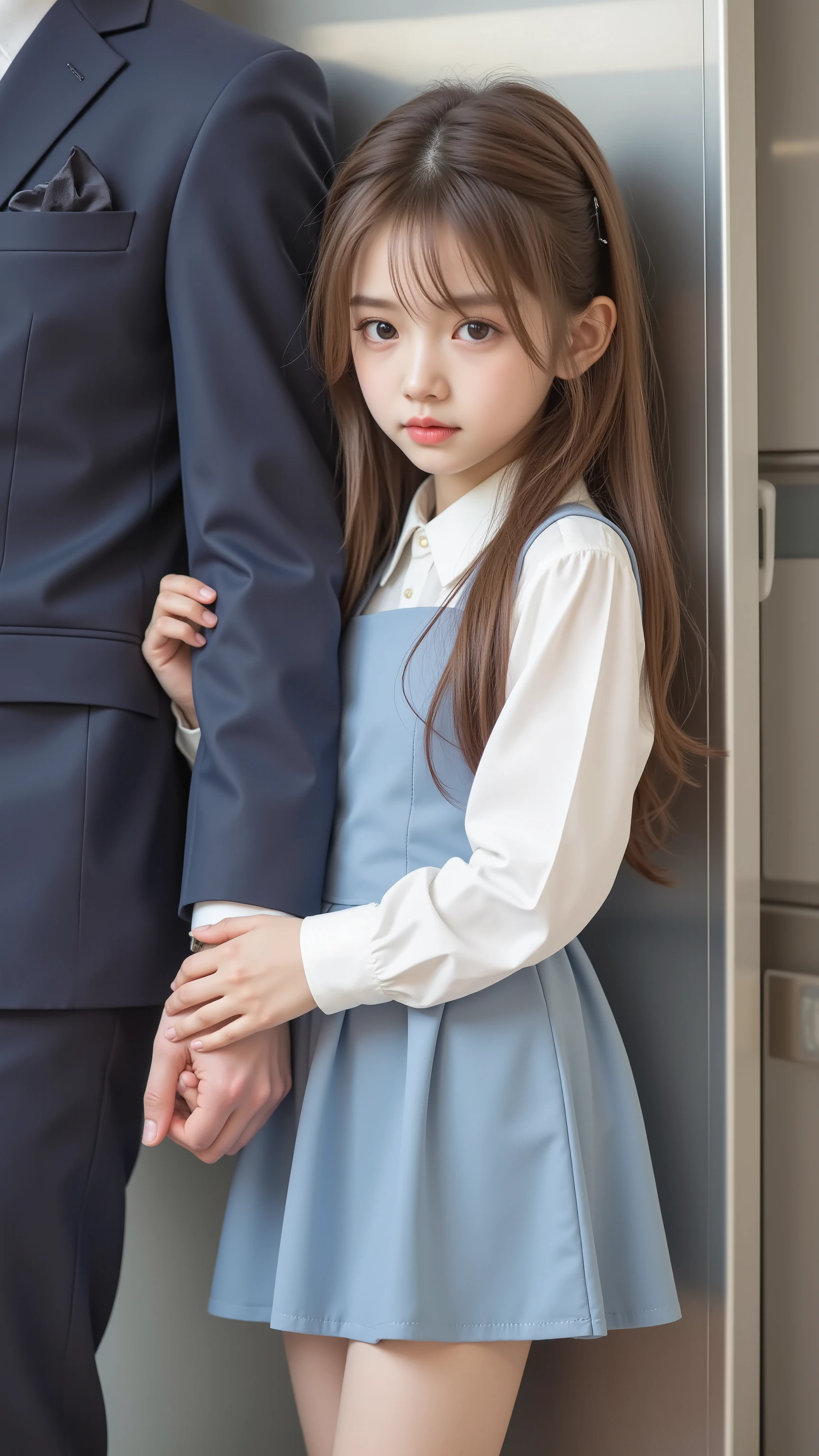 image of a beautiful girl wearing a blue dress holding a man's hand, Loli Dress, (software) Watch Safe Workplace , next to each other holding hands, a hyperREAL HIGH SCHOOL GIRL, Touch her clothes with your arms around your neck, holding the knee, Little Lori Girl, On pixiv, REAL HIGH SCHOOL GIRL, next to each other holding hands、super realistic:1.3, top quality、Max Image Quality、(detailed hands:1.3,Perfectly Right Hand:1.3)