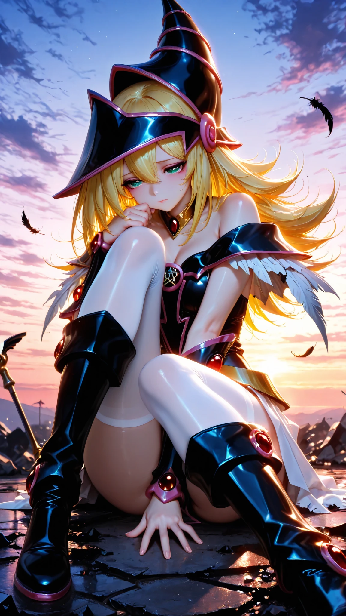 1girl, darck magician girl fallen angel,
sitting on the ground, close-up,
no wing, broken wing,
feathers scattered around,
black leather tops, white tights, boots,
dramatic lighting, sad expression,
twilight sky, cinematic atmosphere, ethereal mood, soft glow, fantasy illustration,
extremely detailed hair, shiny hair,masterpiece, newest, incredibly absurdres, best quality, amazing quality, very aesthetic, ultra-detailed, highly detailed,
32k, depth of field