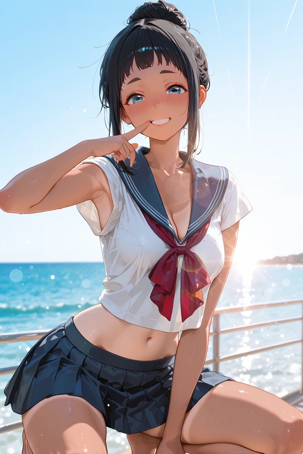 1young_teen_The girls、、brown_hair、medium_bob_hair、blue_midriff_baring_sailor_uniform、mini_skirt、short_sleeve、thickthighs、big_tits,closed_eyes, Sorrisos、open_mouth、dynamic_pose_standing ,harbor_background、、happiness、、short_gloves, wet,,covered_, covered_crotch, under_tits, sweat, _thighs, (groin:1.5), tan,