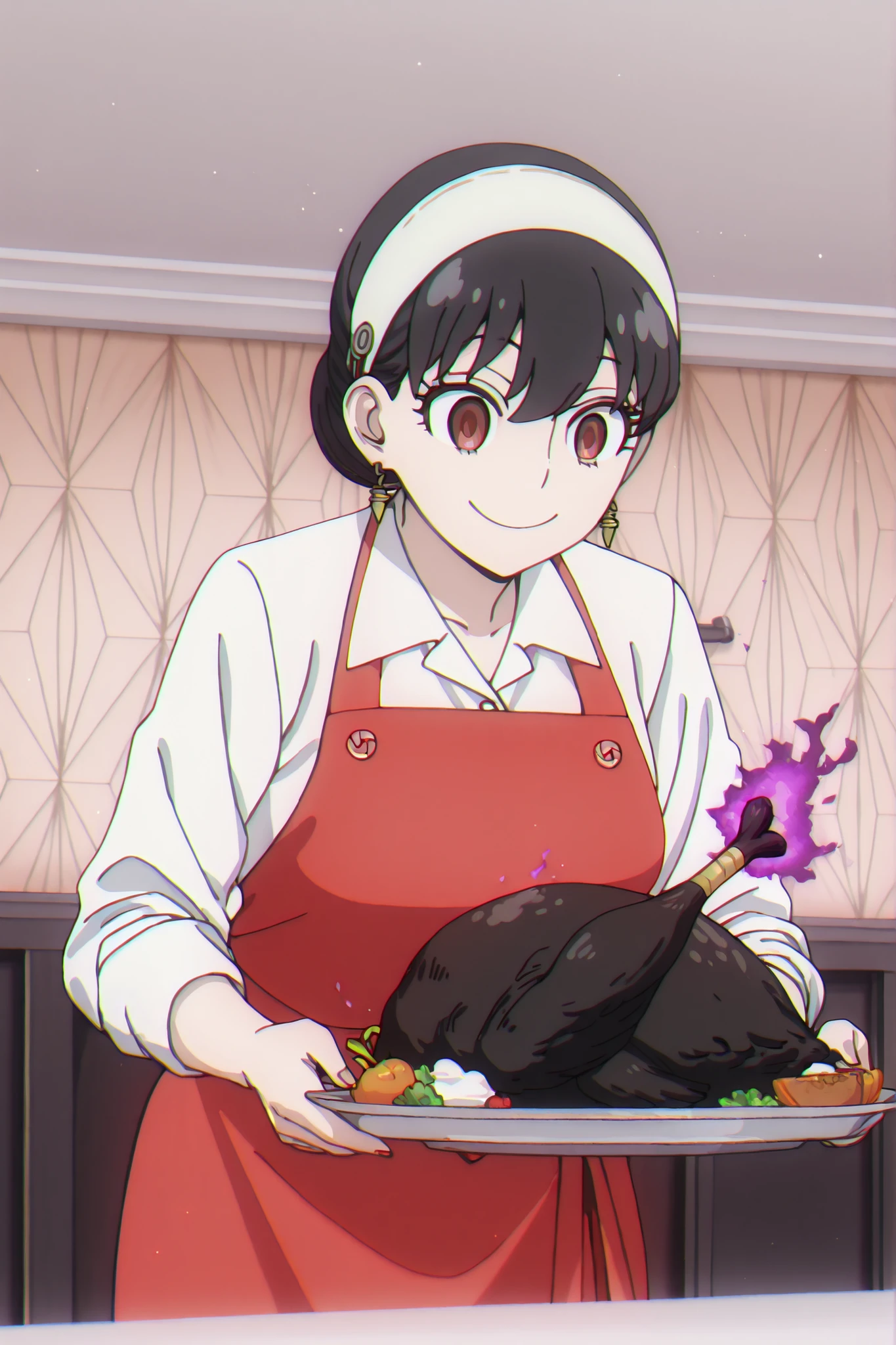 1girl, solo, Yor cooking outfit, red apron, white hairband, white shirt, earrings. She has a happy expression. She’s holding a platter with a cooked black turkey surrounded by purple energy. The room is decorated for thanksgiving, Spy X Family art style