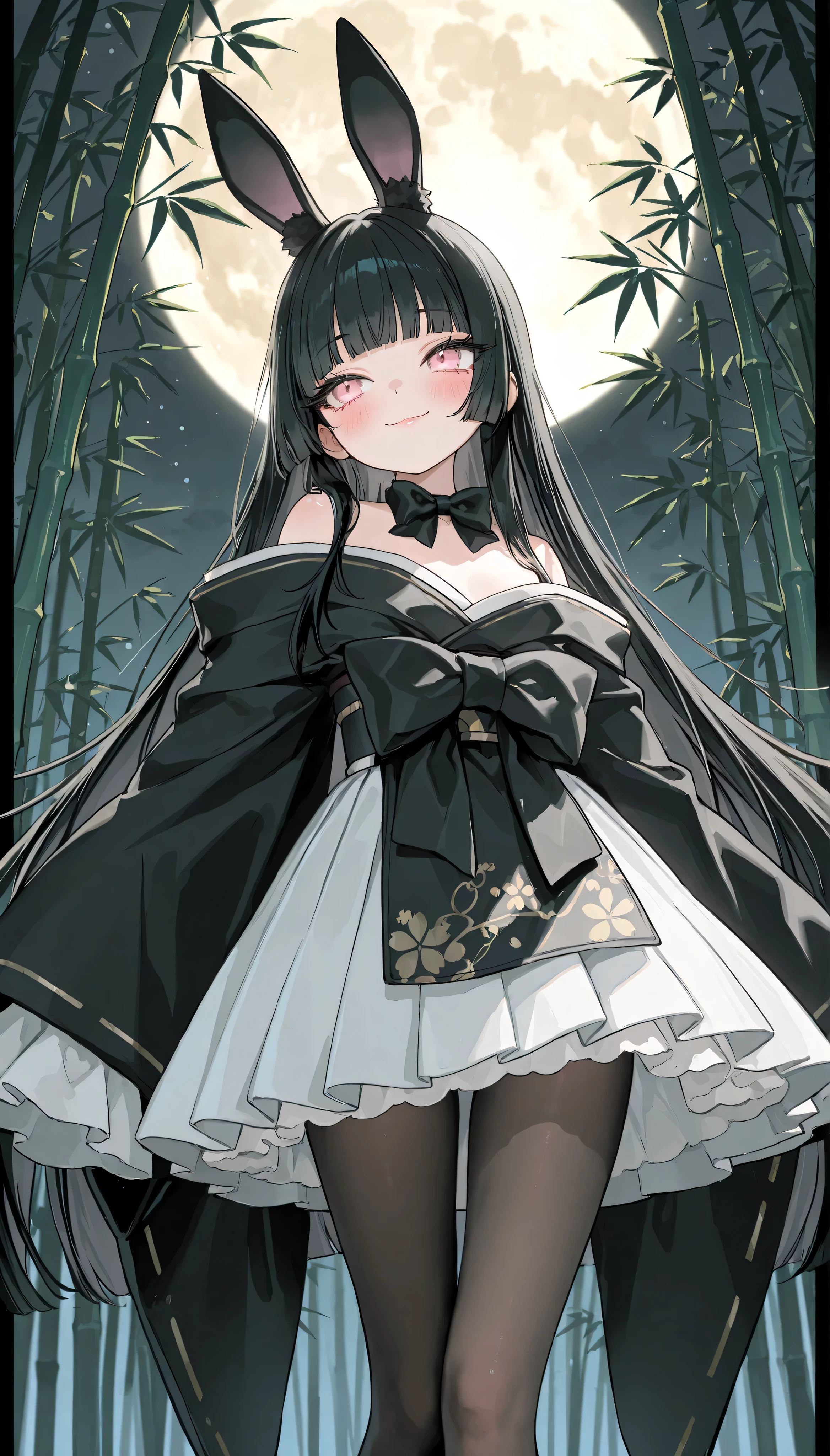 High quality, masterpiece, single girl, petite girl, long eyelashes, lip gloss, long black hair, hime cut, long bangs, pink eyes, white pleated skirt, black petticoat, black bunny ears, black kimono, oversized sleeves, large bowtie, off the shoulder, long sleeves, backlit, staring, large moon background, bamboo leaves, black tights, blush, best smile,