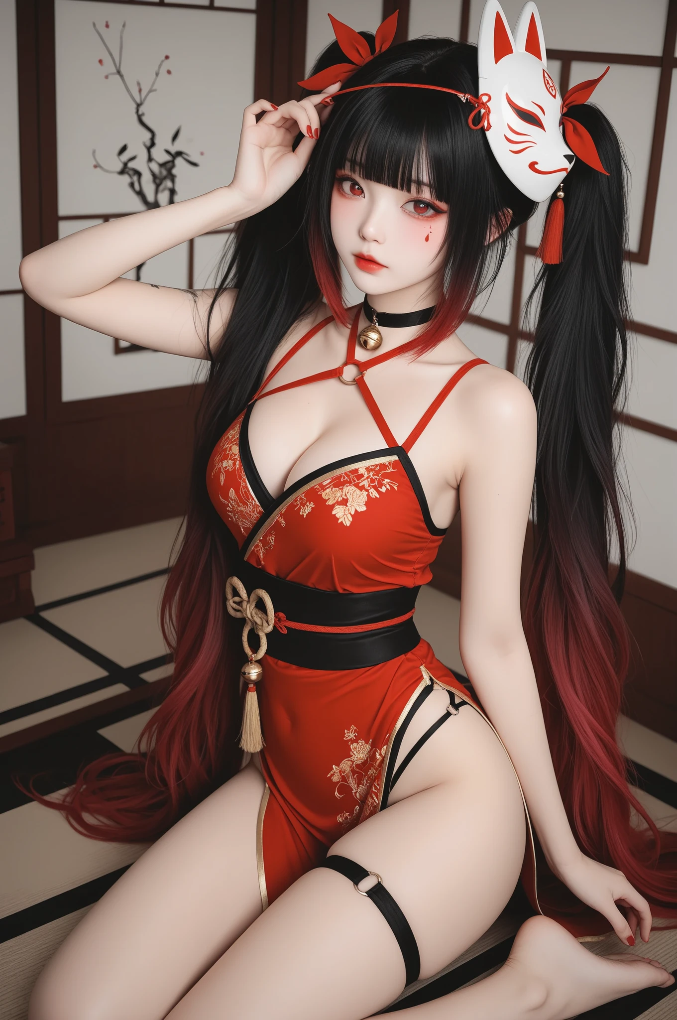 masterpiece, best quality,Chinese fairy, 1girl\(loli\) and iris red dragon, Chinese dragon pan glaring at girl, bun, dark gray background,