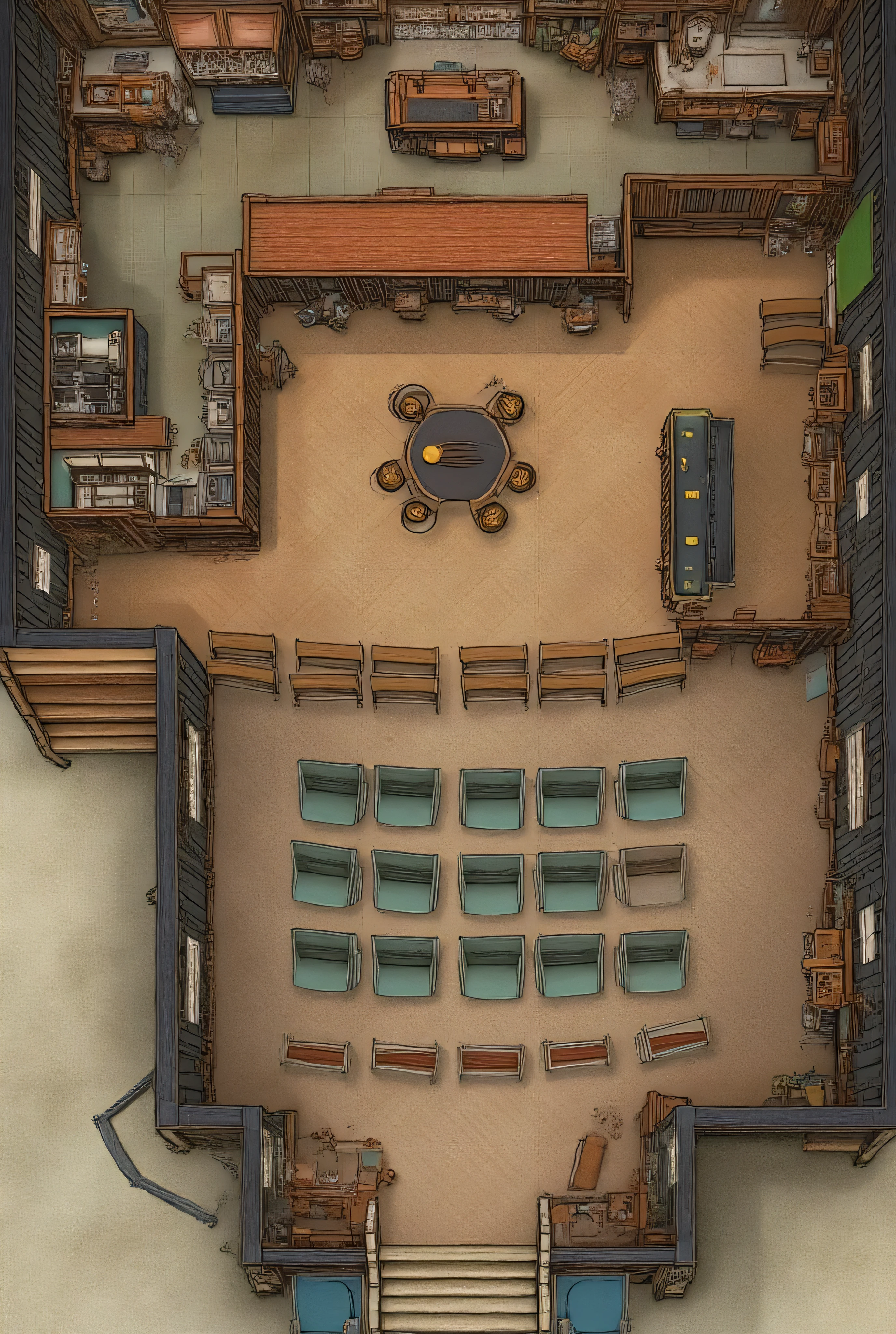 Dnd_maps,Top-down view of a modern square building, rendered in a style reminiscent of a hand-drawn map for a tabletop role-playing game. The front doors open onto a bar area with a wood bartop and taps, and a couple of tables and seats. To the side of the bar area is a small rectangular kitchen, with a fridge, oven, stove and a wraparound countertop. The rest of the floor plan is a large auditorium behind the back of the bar. The auditorium has rows of plastic chairs facing a set of metal choral risers There is a piano to the side of the risers. The view is overhead and isometric.