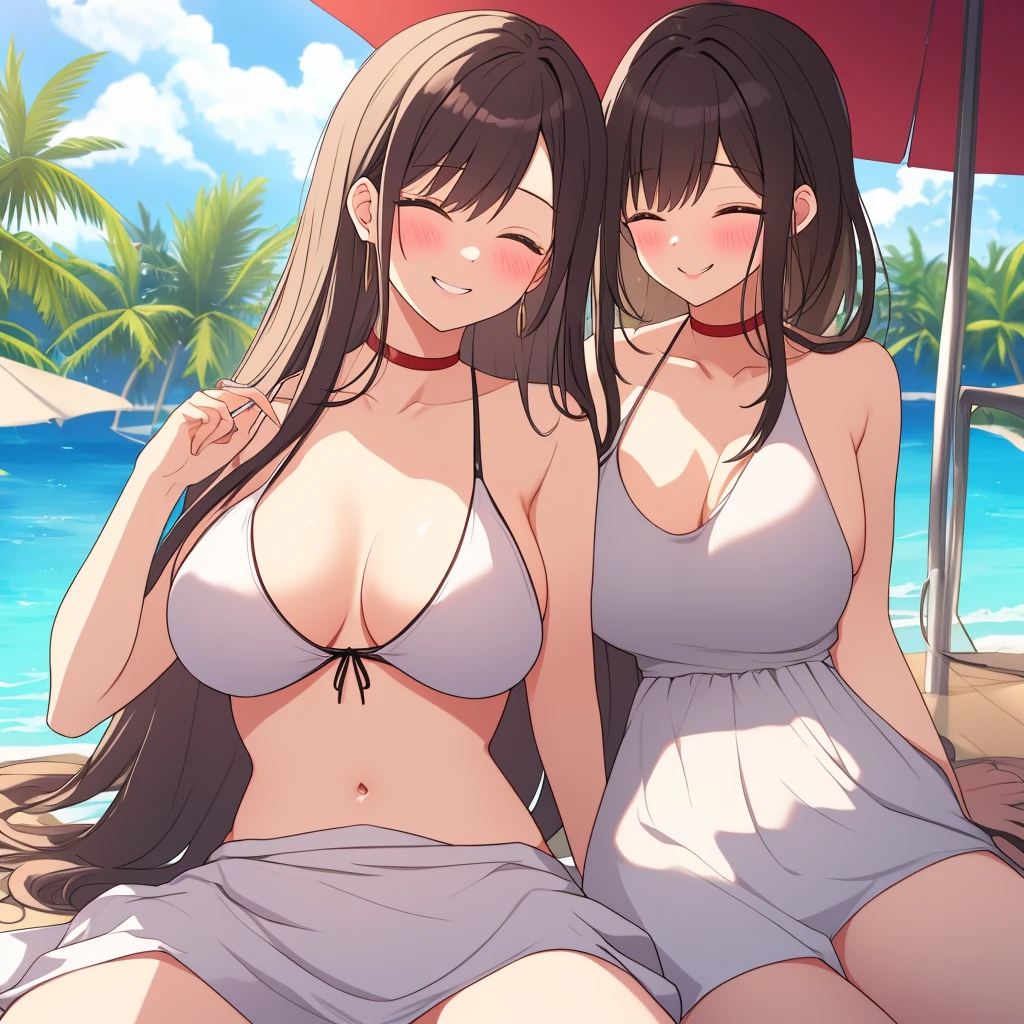 Anime girl, thick and curvy, long curly brown hair with bangs, brown eyes, pastel coquette aesthetic in the beach
