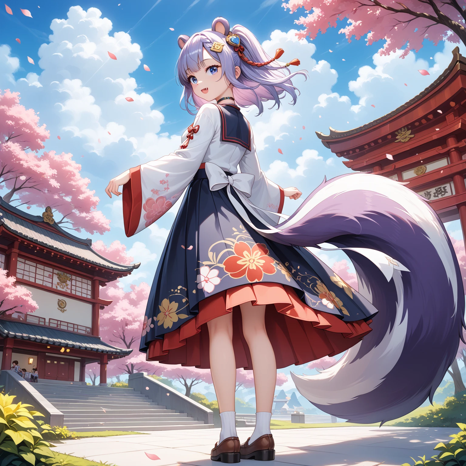 Best quality, hyper-high detail, very high res, Extremely detailed CG, Realism，absurd res，fox ear，Huge colorful fox tail， D cup  8K,Colorful, A 20-year-old nine-tailed fox girl,japanaese girl，Light turtleneck shirt，Detailed clothing patterns，tiese，(full body:1.3),Solo,chubby  body shape,(long leges:1.3)， Faraway view，high-heels，(Blue eyes), (white  hair to shoulders), Extremely long white diamond hair floating, blueribbon, Beautiful eyes,(Pink clothes:1.3),Wet clothes, Short pink skirt, detailed and beatiful face and eyes, ((Shiny skin)),white wavy hair, (detailed and beautiful shiny clothes, Temple，holy rays，japan temple，the cherry trees，Cherry blossoms flying，(dynamicposes:1.3)，low perspective，