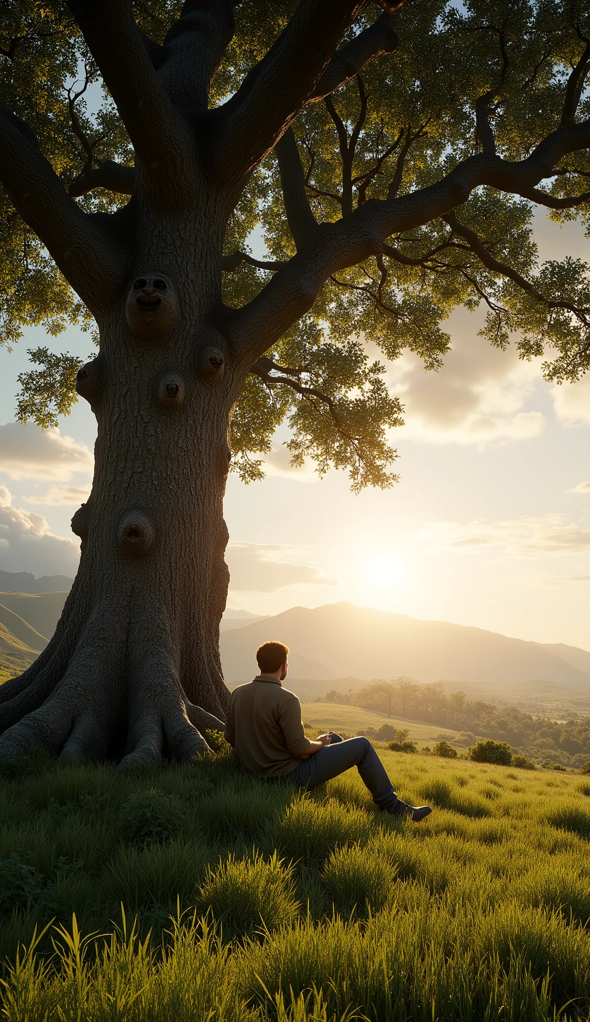 photorealistic wide-angle landscape, vertical 9:16, high resolution
majestic large fig tree (full canopy visible), textured trunk and roots, lush green grass meadow spreading around, partly cloudy sky with dramatic clouds, warm natural lighting, soft golden-hour glow, slight backlight filtering through leaves
in the distance (small scale in frame), a solitary man leaning against the trunk of the fig tree, sitting with arms resting on knees, casual clothes (earth-toned shirt and simple pants), silhouette or semi-silhueta (face not clearly visible), contemplative posture — emphasis on tree and nature rather than detailed person
subtle film grain, soft depth of field (sharp background foliage + tree details, mild blur on distant elements), cinematic atmosphere, peaceful yet epic mood, photorealistic textures, natural color palette, realistic shadows and light interplay