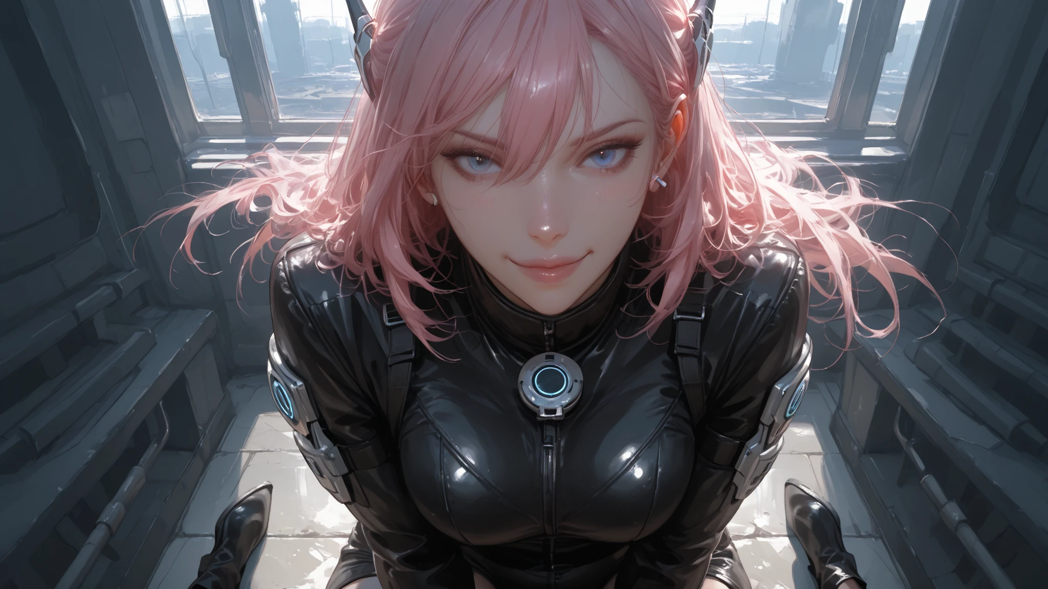 1 beautiful anime girl, realistic human look, attractive and stoic, 8K, Meisterwerk, Highest quality, Super detailliert, high resolution, Klarer Fokus, Details, lebendige Farben, glatte Schattierung, weiches Licht,
langes, glattes, pinkfarbenes Haar, Teilhaar, hair fluttering in the wind , realistische Textur, pierced steel blue eyes, with a cold look, melancholy facial expression, backlight、kinematic lighting、smile
Tight military body, futuristic tactical jacket with open chest, Kampfkorsett, fingerless gloves, Kampf-Highheels, } smart belt with high-tech equipment, high-cut leotard, reinforced armor, gunmetal and black color scheme、durchsichtig、Kleidung, that clearly shows body lines、 Midnight Battlefield 、My left eye is blocked by a cut
I am sitting in a clean state, high-tech psychotherapy room, futuristic android clinic, cozy, warmes Interieur, soft light reflection, introspective mood, anime illustration style near Vista Muy, delicate and emotional atmosphere,
Vorderansicht, up and looks at the viewer , upper body, Buste, half body, Nahaufnahme, von oben