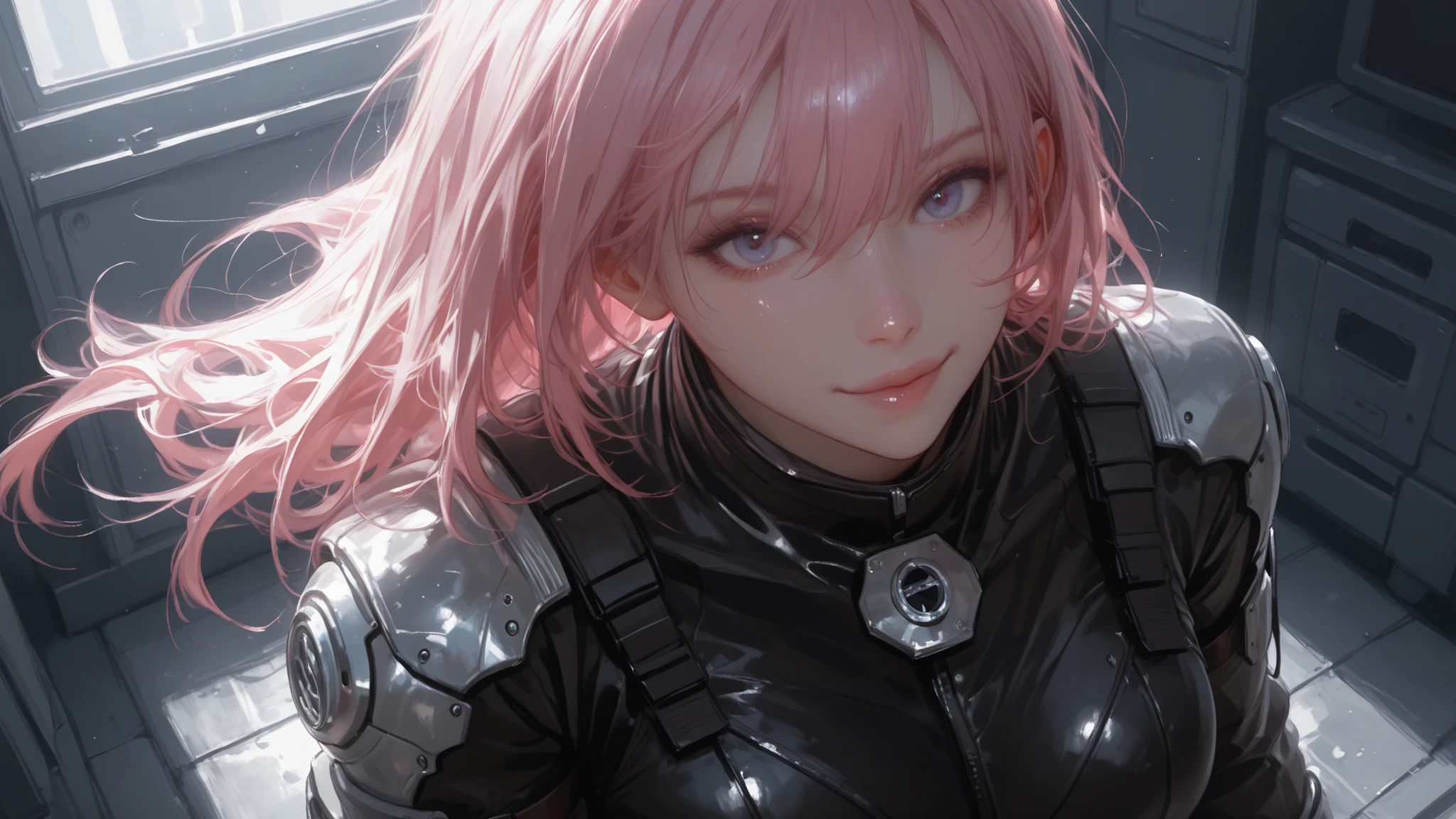 1 beautiful anime girl, realistic human look, attractive and stoic, 8K, Meisterwerk, Highest quality, Super detailliert, high resolution, Klarer Fokus, Details, lebendige Farben, glatte Schattierung, weiches Licht,
langes, glattes, pinkfarbenes Haar, Teilhaar, hair fluttering in the wind , realistische Textur, pierced steel blue eyes, with a cold look, melancholy facial expression, backlight、kinematic lighting、smile
Tight military body, futuristic tactical jacket with open chest, Kampfkorsett, fingerless gloves, Kampf-Highheels, } smart belt with high-tech equipment, high-cut leotard, reinforced armor, gunmetal and black color scheme、durchsichtig、Kleidung, that clearly shows body lines、 Midnight Battlefield 、My left eye is blocked by a cut
I am sitting in a clean state, high-tech psychotherapy room, futuristic android clinic, cozy, warmes Interieur, soft light reflection, introspective mood, anime illustration style near Vista Muy, delicate and emotional atmosphere,
Vorderansicht, up and looks at the viewer , upper body, Buste, half body, Nahaufnahme, von oben