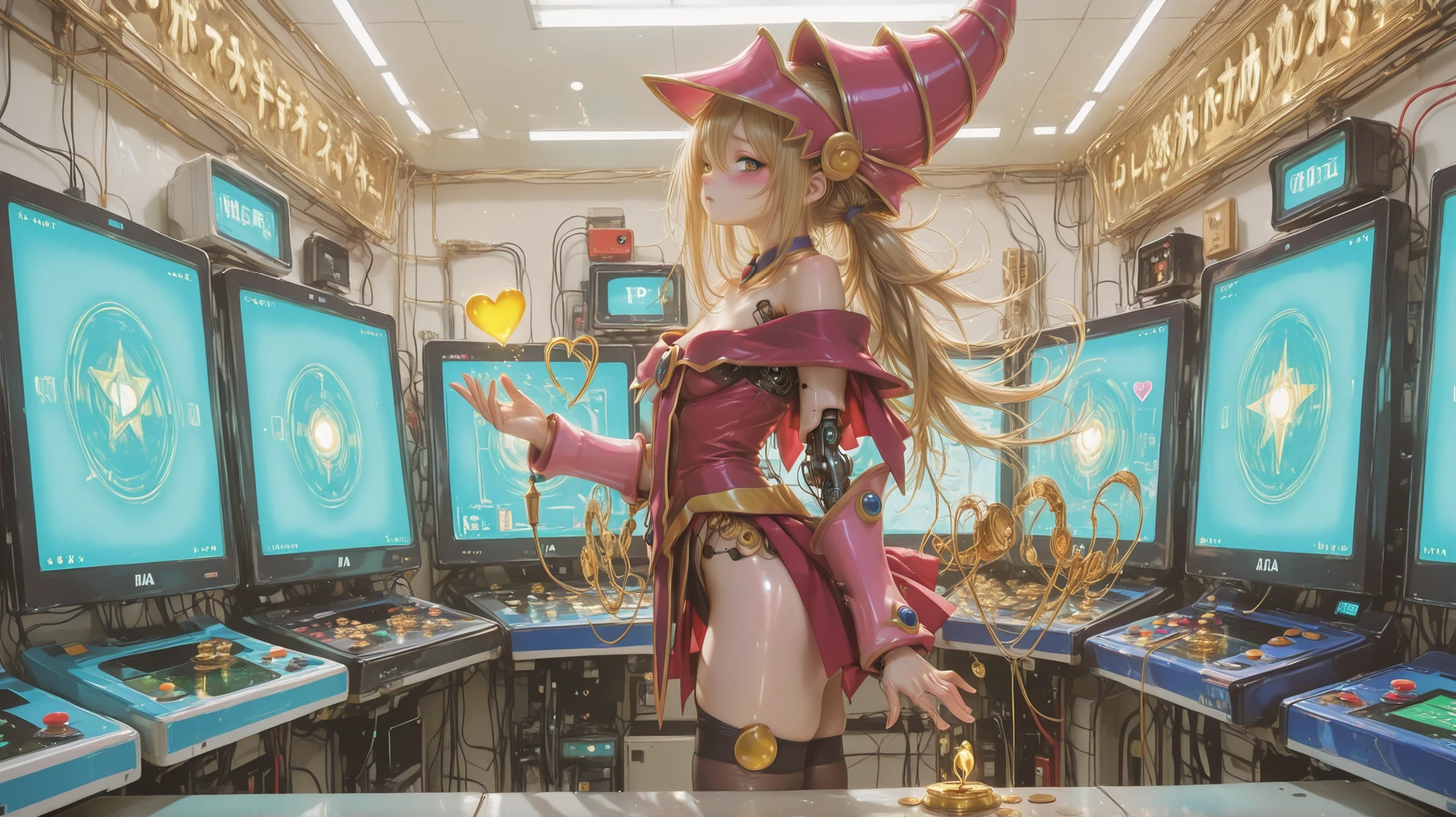 hyper detailed, intricate details, detailed skin, American medium shot, pretty hands, perfect hands, high detail,
NSFW, variety poses, standing, low camera angle, looking at viewer, NSFW, translucent skin, flat breasts, strangulation,
profile pose,
1 girl, darck magician girl. alone, green eyes, beautiful android girl, flat chest, , shiny skin, , long hair, brown silk stockings, with many cables to the arcade video game, represents the Japanese arcade, game stick, coins gold on the ground, network of wires and data cables, power supply, large computer, futuristic artificial intelligence, mechanical parts, electric lights, neon details, robotic environment, reflective surfaces, refraction, soft light, coffee2hai,
,((lora:perfect_eyes:-#)),1 girl, (heart-shaped pupils, seductive, blush, unusual puplis