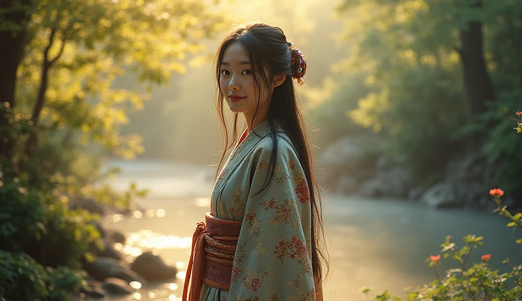 (photorealism:1.2), japanese shamaness priestess young beautiful cute girl black long hair  ritual make up, traditional garments, outside purity nature tattoos historical  Japan
