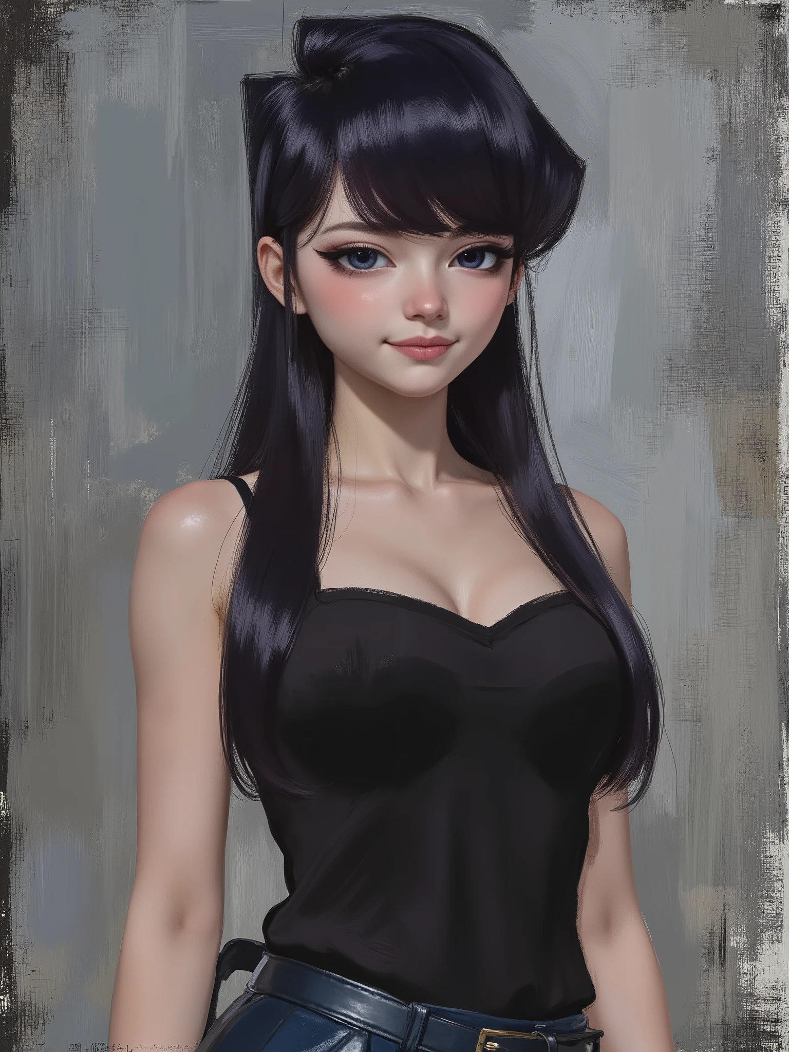 sketch painting, marinette Dopanchan, Akaninbat, Komi_shouko, A very beautiful and cute 22 year old woman with a slight smile. (((Shy smile))), sharp focus on the face, (((Western eyes:1.5))), (((Extremely detailed ice-blue eyes, beautiful eyes, beautifully detailed eyes))), (((delicately detailed thin pink lips))), (((long hair, shiny hair))), (((black medieval steampunk style sleeveless t-shirt))), (((Dark Blue medieval steampunk style leather warrior pants))), (((full body view, dynamic pose, standing:1.5, graceful pose))), (((The background is Dark Gray and painted with expressive, visible textures using dynamic brushstrokes and strokes that add depth and movement. The paint covers only the area just behind the subject. The outer edges of the image with black margins, as if the background had been painted with a brush and with expressive and visible textures using dynamic brushstrokes and strokes fading toward the edges creating a modern and artistic vignette effect))). Cinematic lighting, soft depth of field, (((masterpiece/high resolution/Best Quality/top quality/high quality/UHD/16k quality))), sharp focus, no blur, film grain, bokeh.