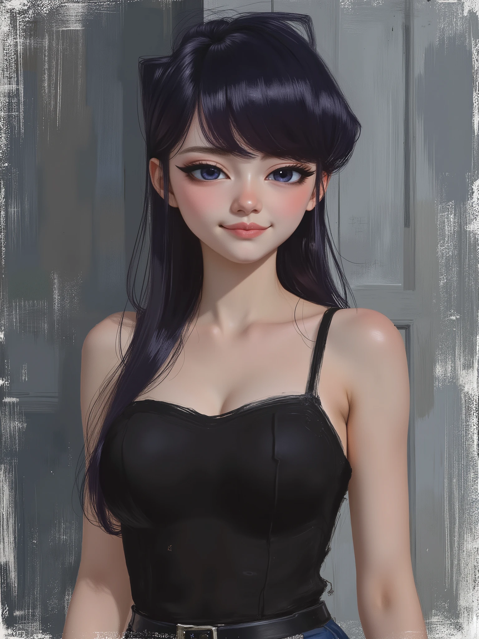 sketch painting, marinette Dopanchan, Akaninbat, Komi_shouko, A very beautiful and cute 22 year old woman with a slight smile. (((Shy smile))), sharp focus on the face, (((Western eyes:1.5))), (((Extremely detailed ice-blue eyes, beautiful eyes, beautifully detailed eyes))), (((delicately detailed thin pink lips))), (((long hair, shiny hair))), (((black medieval steampunk style sleeveless t-shirt))), (((Dark Blue medieval steampunk style leather warrior pants))), (((full body view, dynamic pose, standing:1.5, graceful pose))), (((The background is Dark Gray and painted with expressive, visible textures using dynamic brushstrokes and strokes that add depth and movement. The paint covers only the area just behind the subject. The outer edges of the image with black margins, as if the background had been painted with a brush and with expressive and visible textures using dynamic brushstrokes and strokes fading toward the edges creating a modern and artistic vignette effect))). Cinematic lighting, soft depth of field, (((masterpiece/high resolution/Best Quality/top quality/high quality/UHD/16k quality))), sharp focus, no blur, film grain, bokeh.