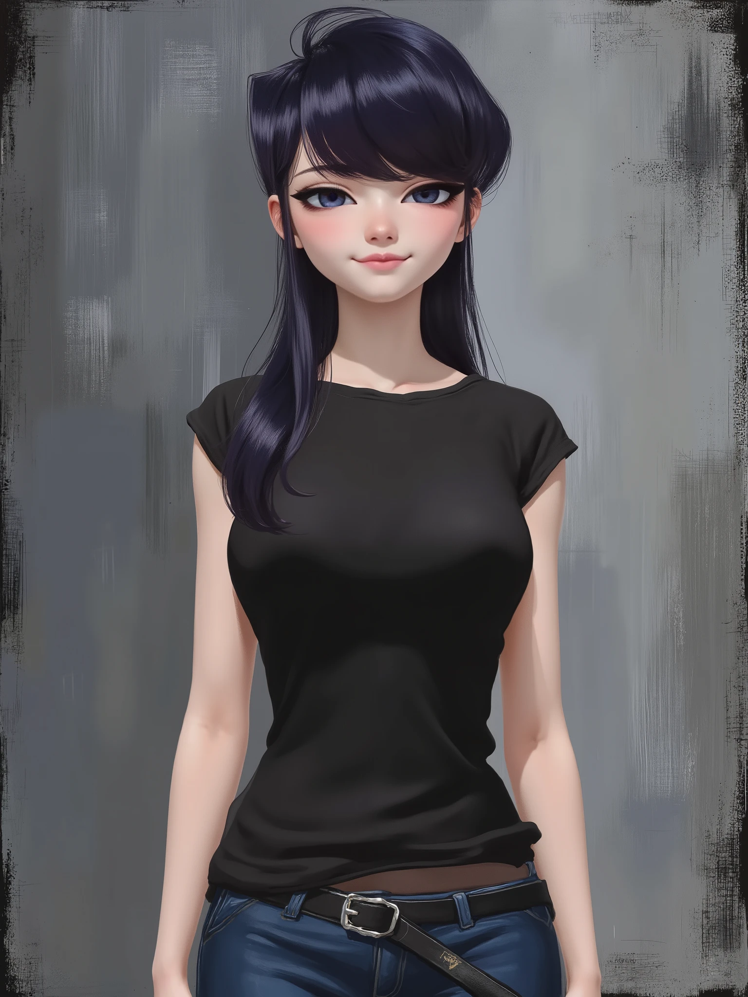 sketch painting, marinette Dopanchan, Akaninbat, Komi_shouko, A very beautiful and cute 22 year old woman with a slight smile. (((Shy smile))), sharp focus on the face, (((Western eyes:1.5))), (((Extremely detailed ice-blue eyes, beautiful eyes, beautifully detailed eyes))), (((delicately detailed thin pink lips))), (((long hair, shiny hair))), (((black medieval steampunk style sleeveless t-shirt))), (((Dark Blue medieval steampunk style leather warrior pants))), (((full body view, dynamic pose, standing:1.5, graceful pose))), (((The background is Dark Gray and painted with expressive, visible textures using dynamic brushstrokes and strokes that add depth and movement. The paint covers only the area just behind the subject. The outer edges of the image with black margins, as if the background had been painted with a brush and with expressive and visible textures using dynamic brushstrokes and strokes fading toward the edges creating a modern and artistic vignette effect))). Cinematic lighting, soft depth of field, (((masterpiece/high resolution/Best Quality/top quality/high quality/UHD/16k quality))), sharp focus, no blur, film grain, bokeh.
